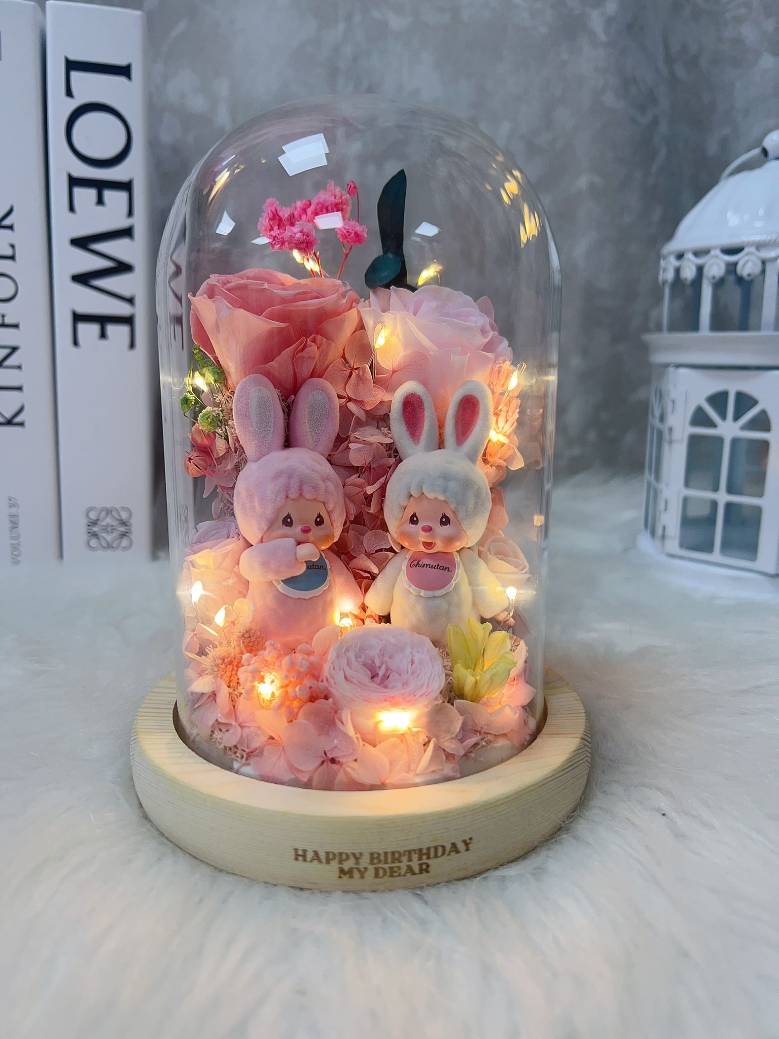 Monchhichi 蒙奇奇粉紅玫瑰永生花玻璃罩