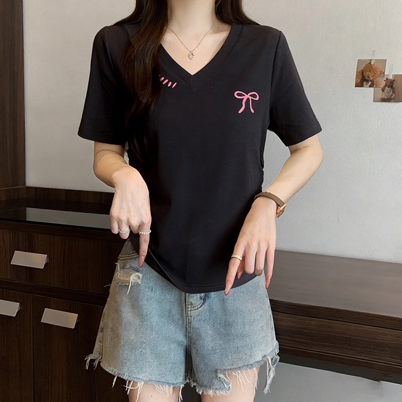 B176(36910) 韩版时尚V领蝴蝶结印花排点领边褶皱腰4色上衣