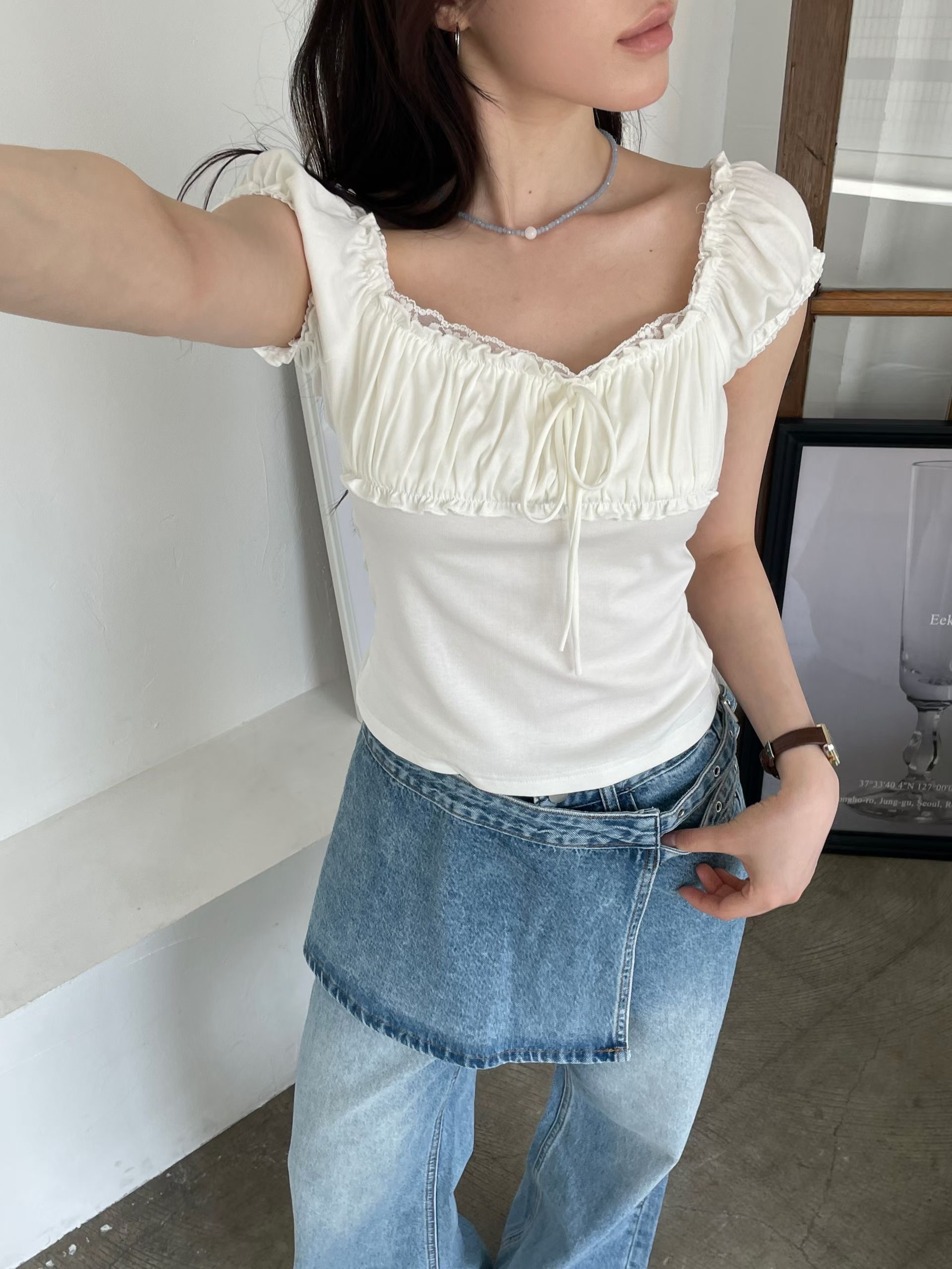  【 香芋紫Pick🥛💜甜酷兼備～LACE拼波浪邊兩著上衣💭 】 Chiffon 2-way Ruffle Top(三色入)