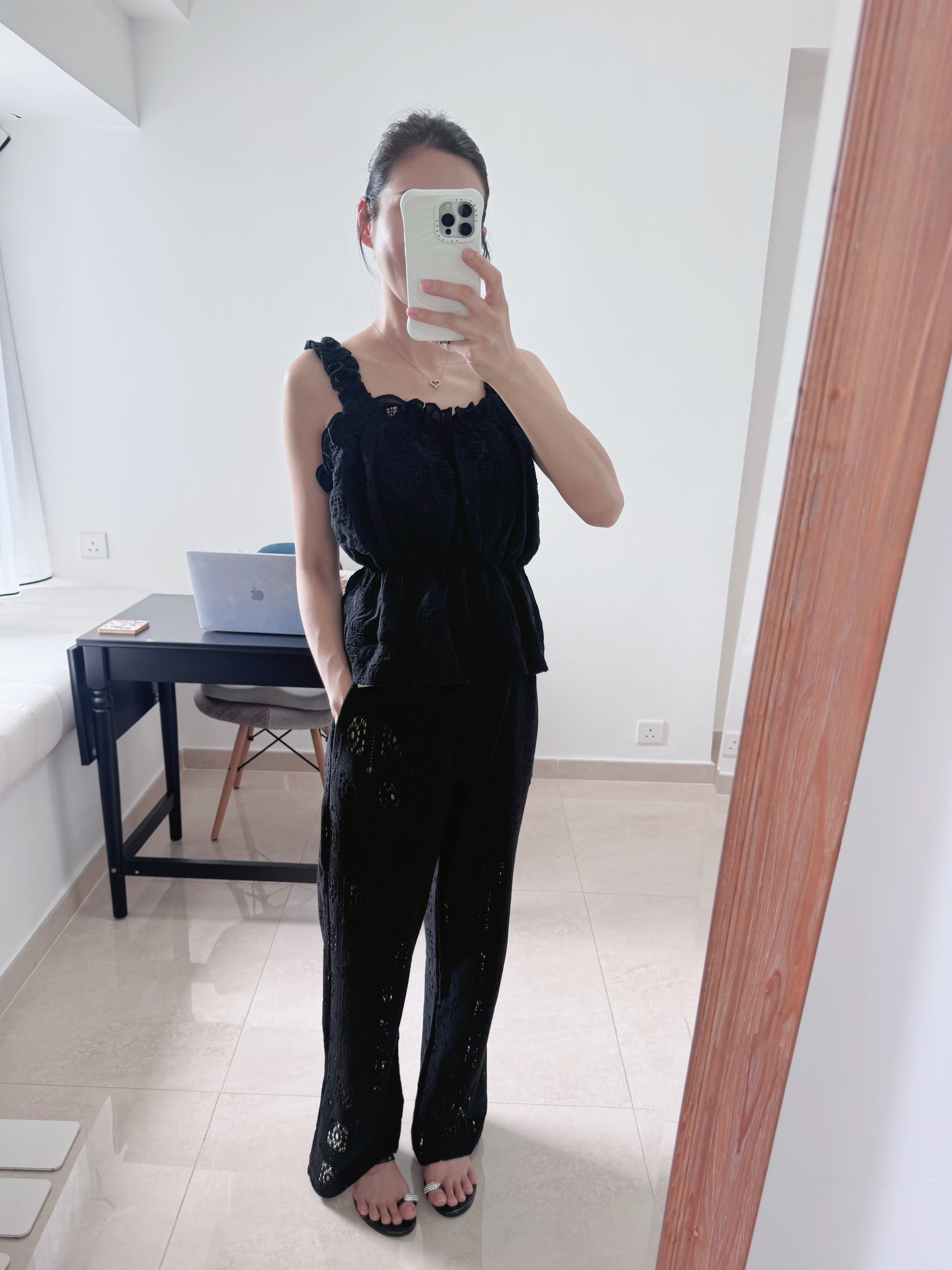 Crochet straight leisure pants (Black)