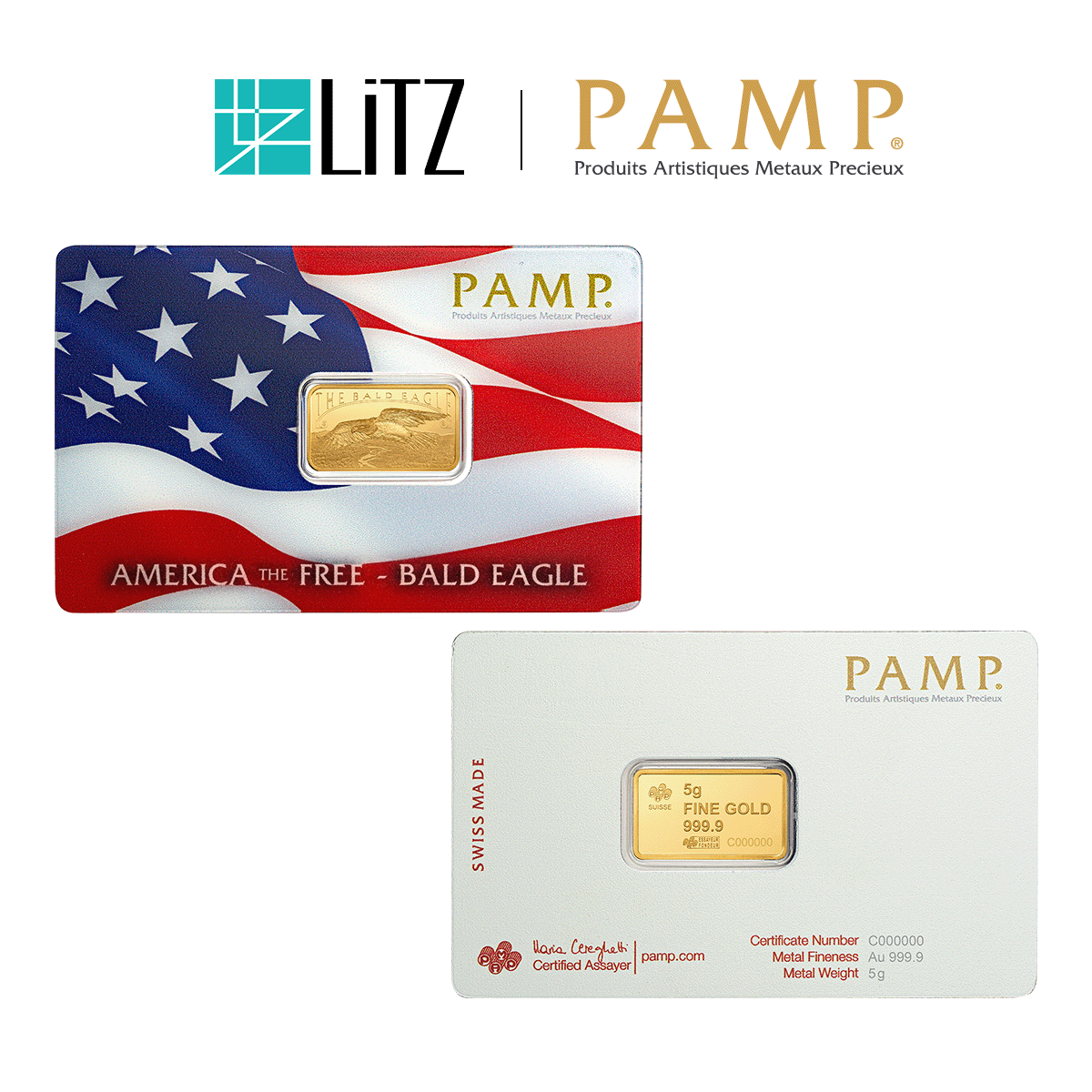 [5 gram] LITZ PAMP Suisse America the Free Bald Eagle Limited Edition Gold Bar (999.9) PG075