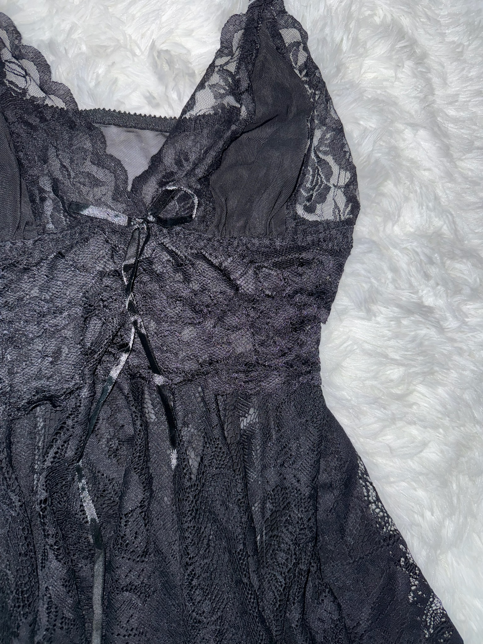 Sheer Black Lace Ghost Dress with Tiered Asymmetric Hem and Ribbon Detail