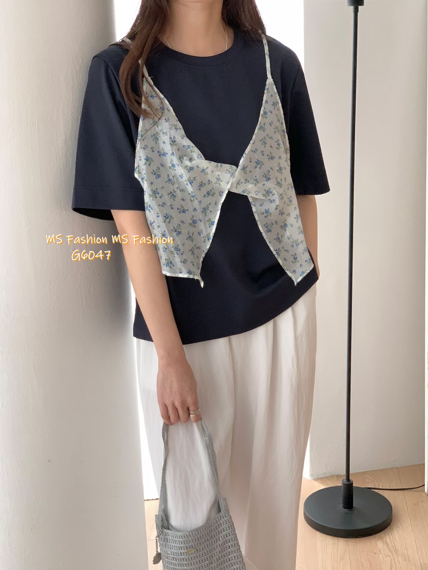 G6047 韓國🇰🇷假兩件拼碎花布top