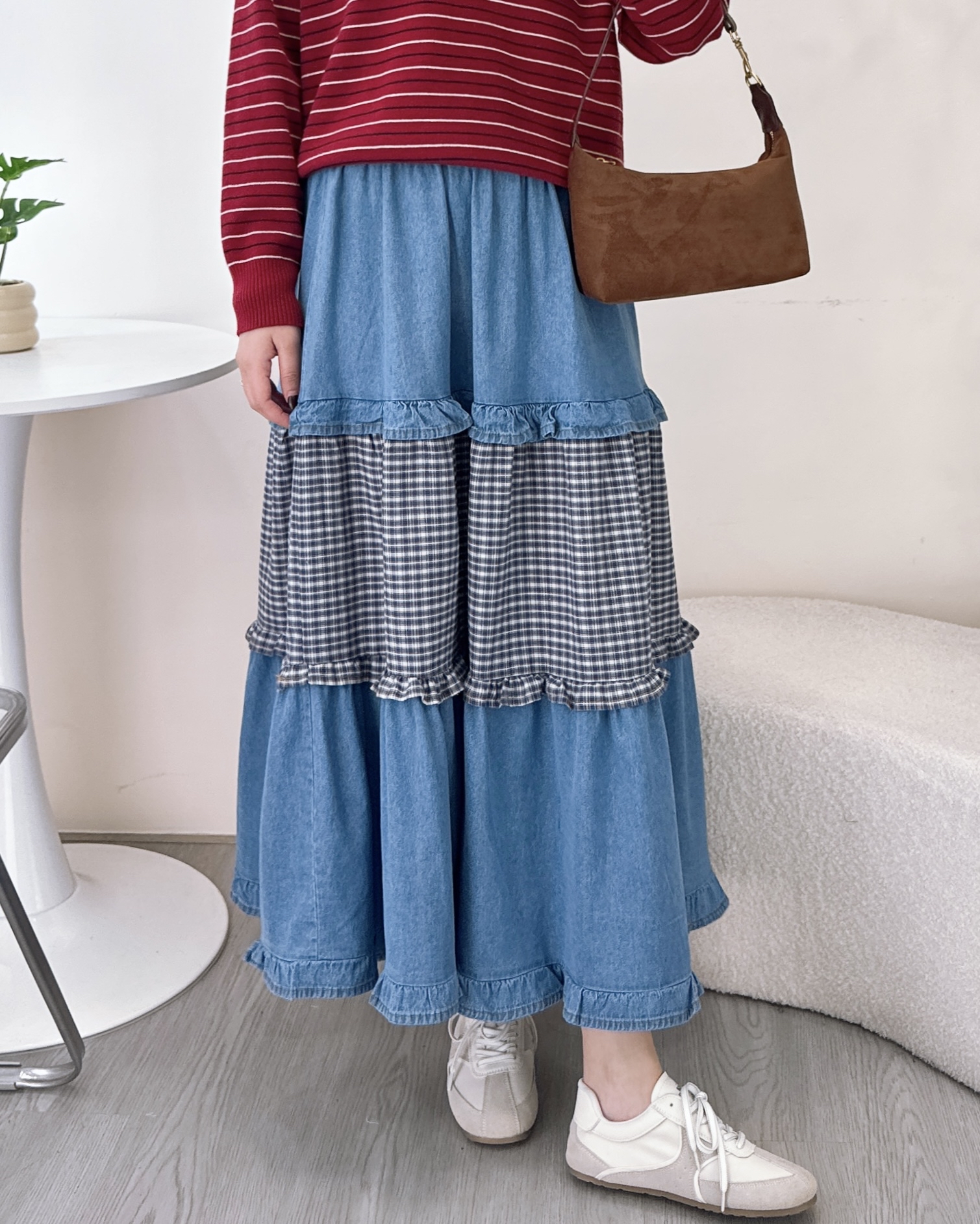 拼格仔布Ruffle牛仔半截裙 