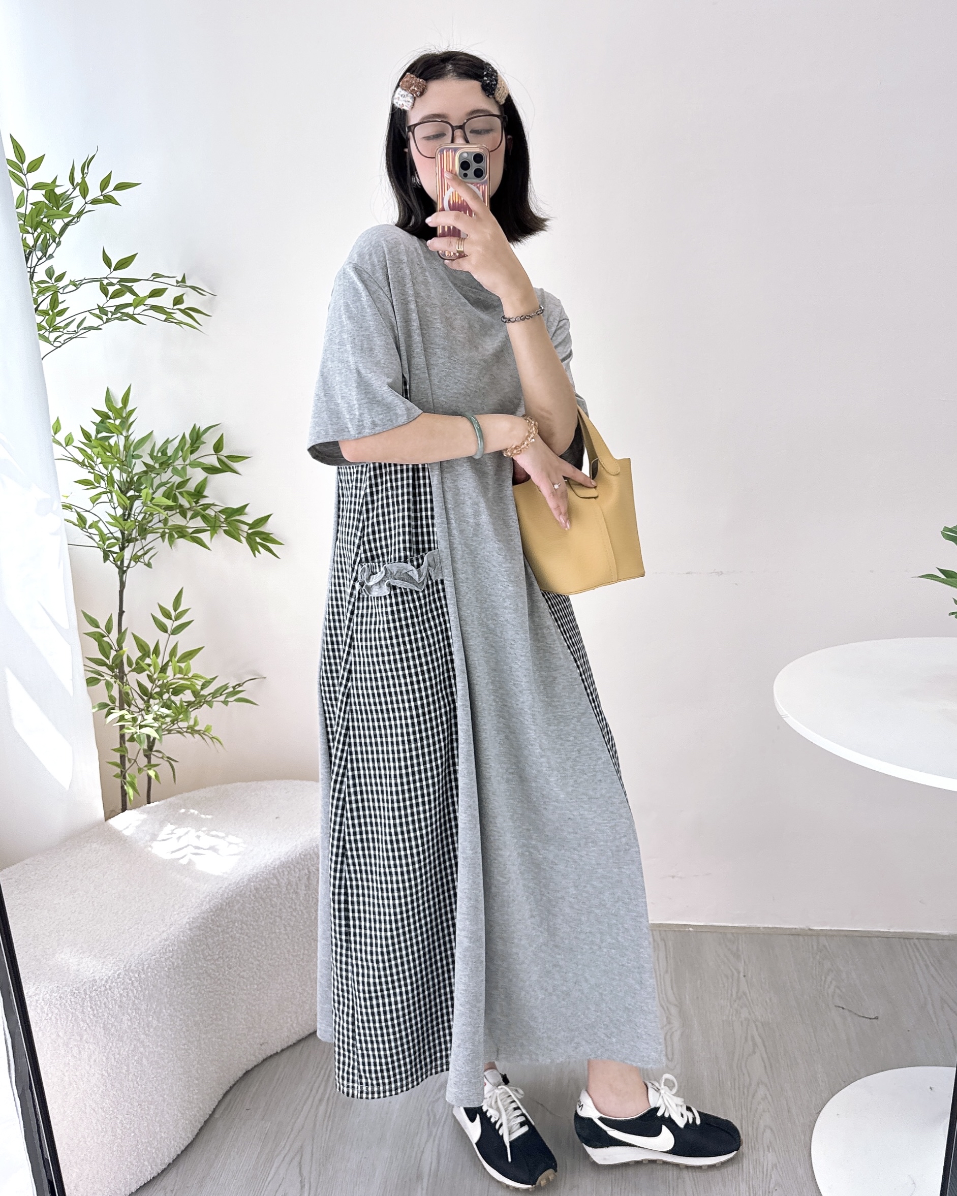 棉料拼格仔寬鬆長Ops 2色