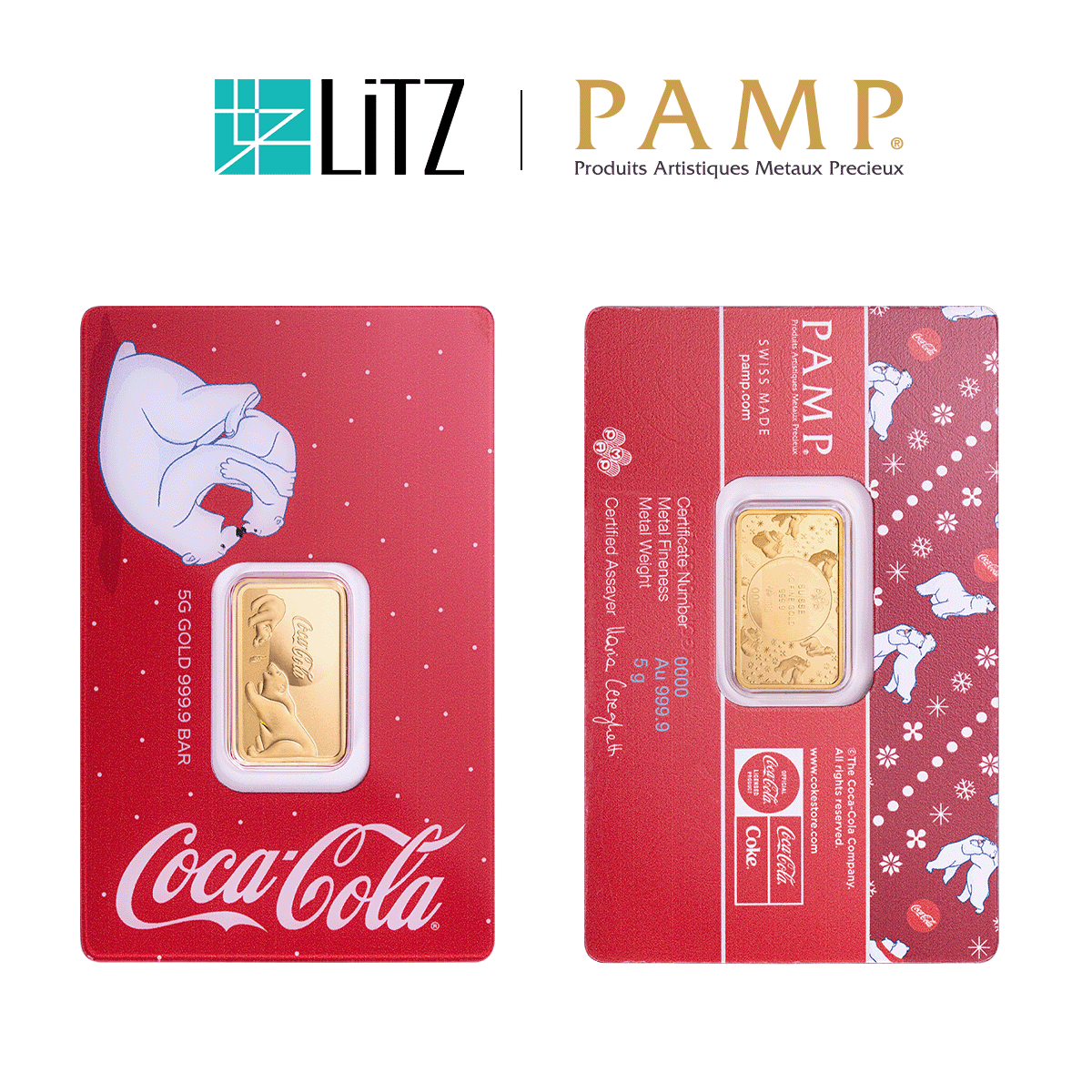 [5 gram] LITZ PAMP Suisse x Coca-Cola® Holiday Polar Bears Limited Edition Gold Bar (999.9) PG028