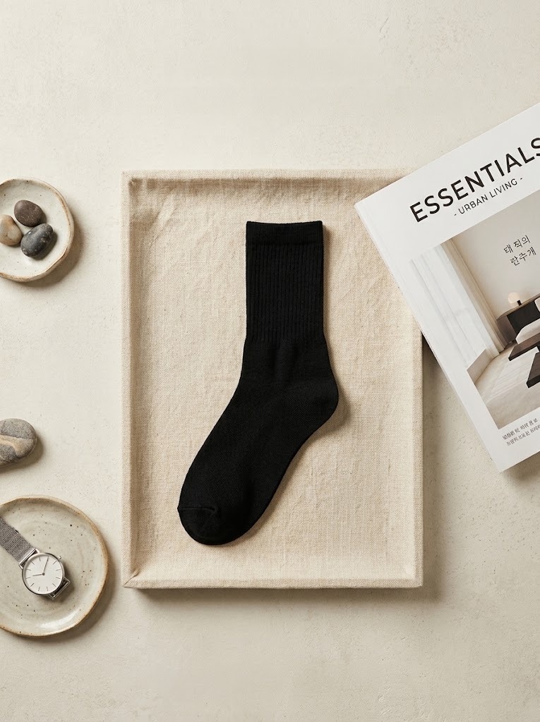 Korean Solid Black Men's Crew Socks
