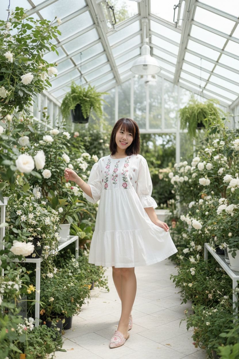 White Cotton Simple Floral Emb Short OP #1400