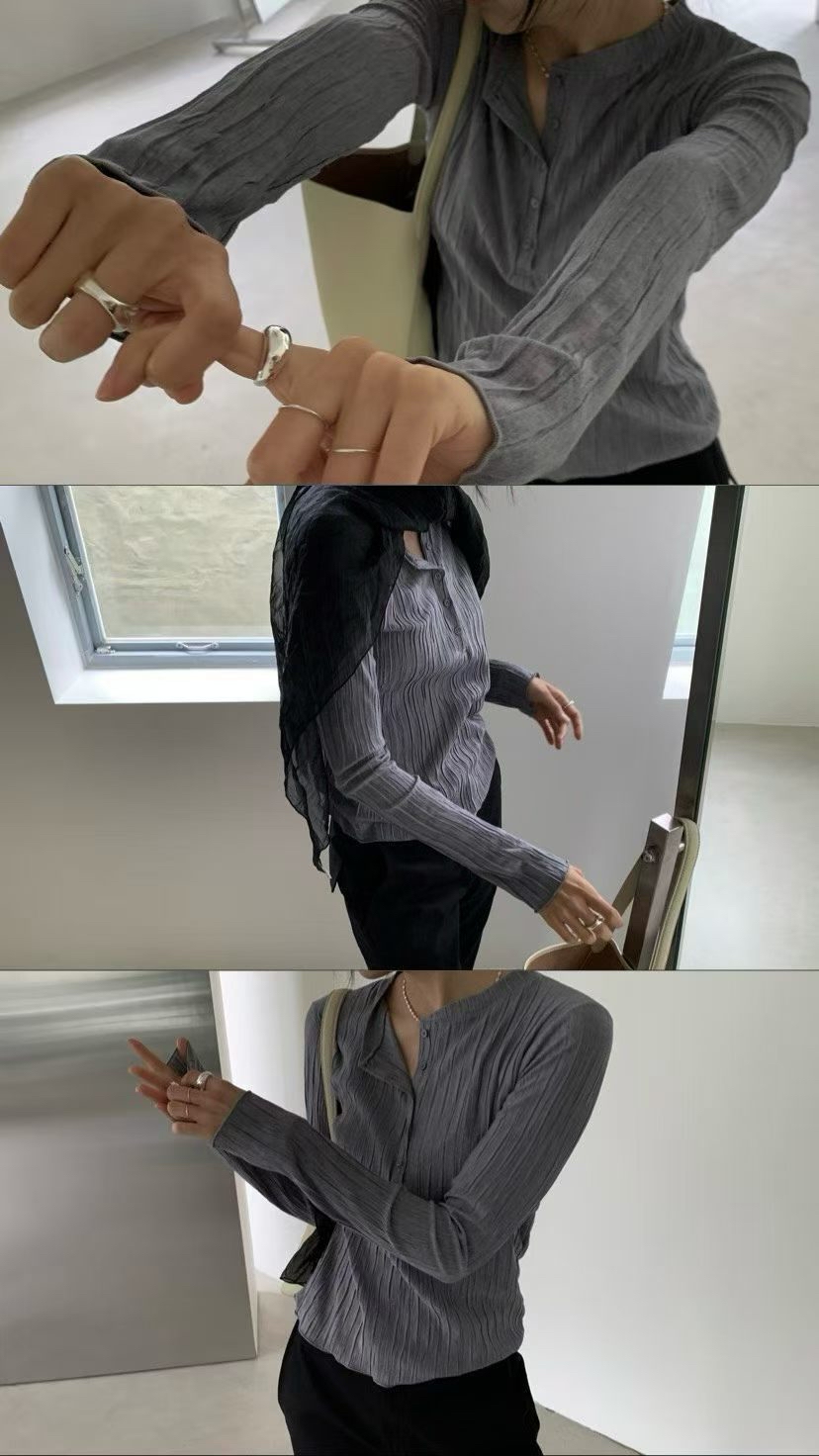 Ribbed Crinkled Henley Top #top154