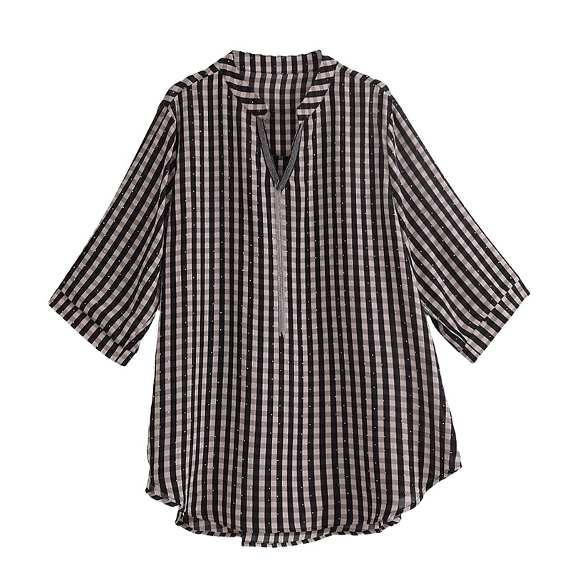 B198(2562) 韩版时尚小尖角流苏闪钻领边格纹边圆角黑上衣