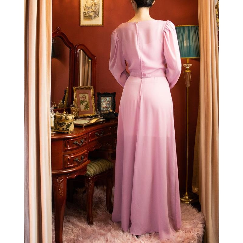 1970s/80s Does 1930s Style Rose Pink Long Dress with Waist Appliqué (MU108-11)