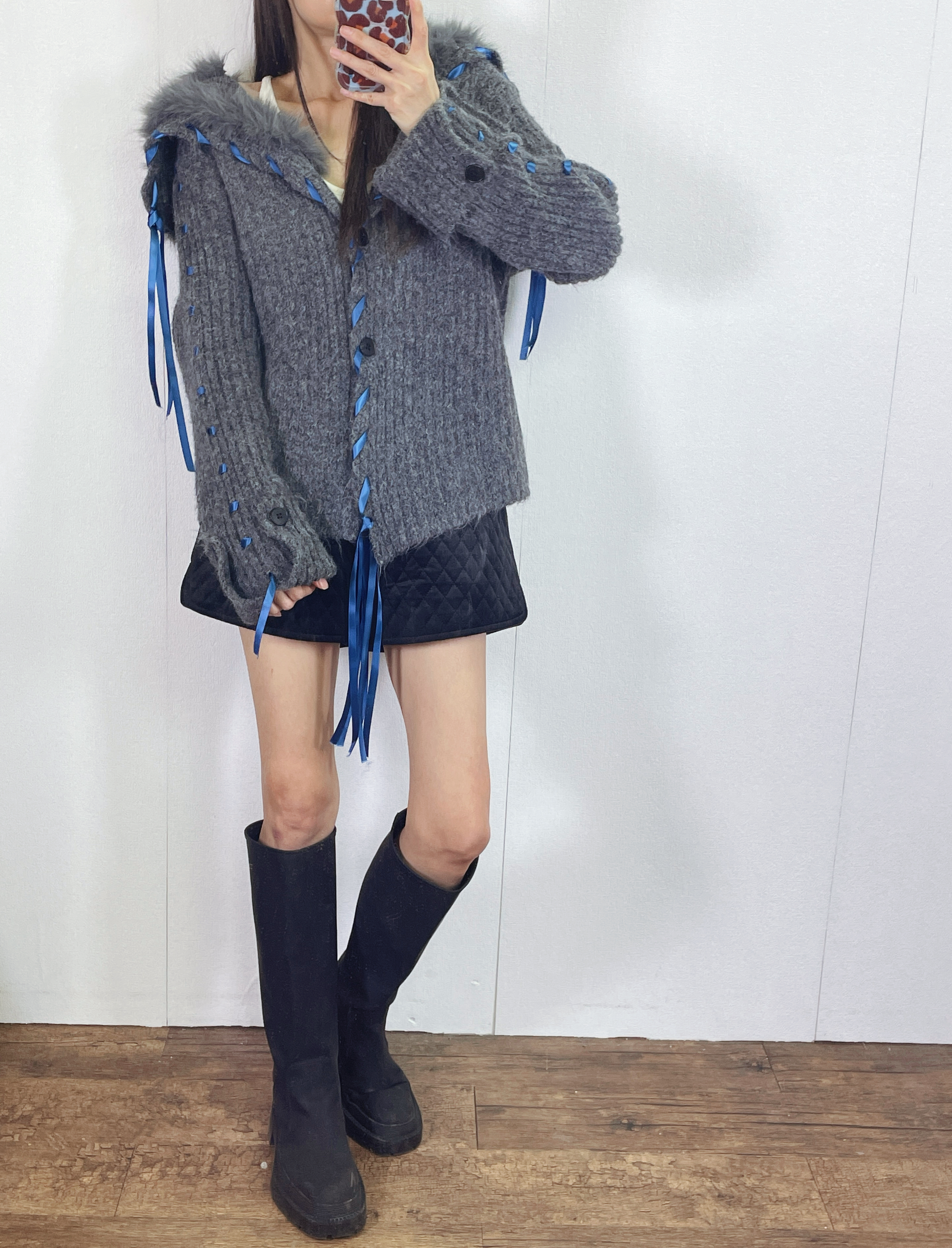 K5531 毛毛領拼絲帶針織外套