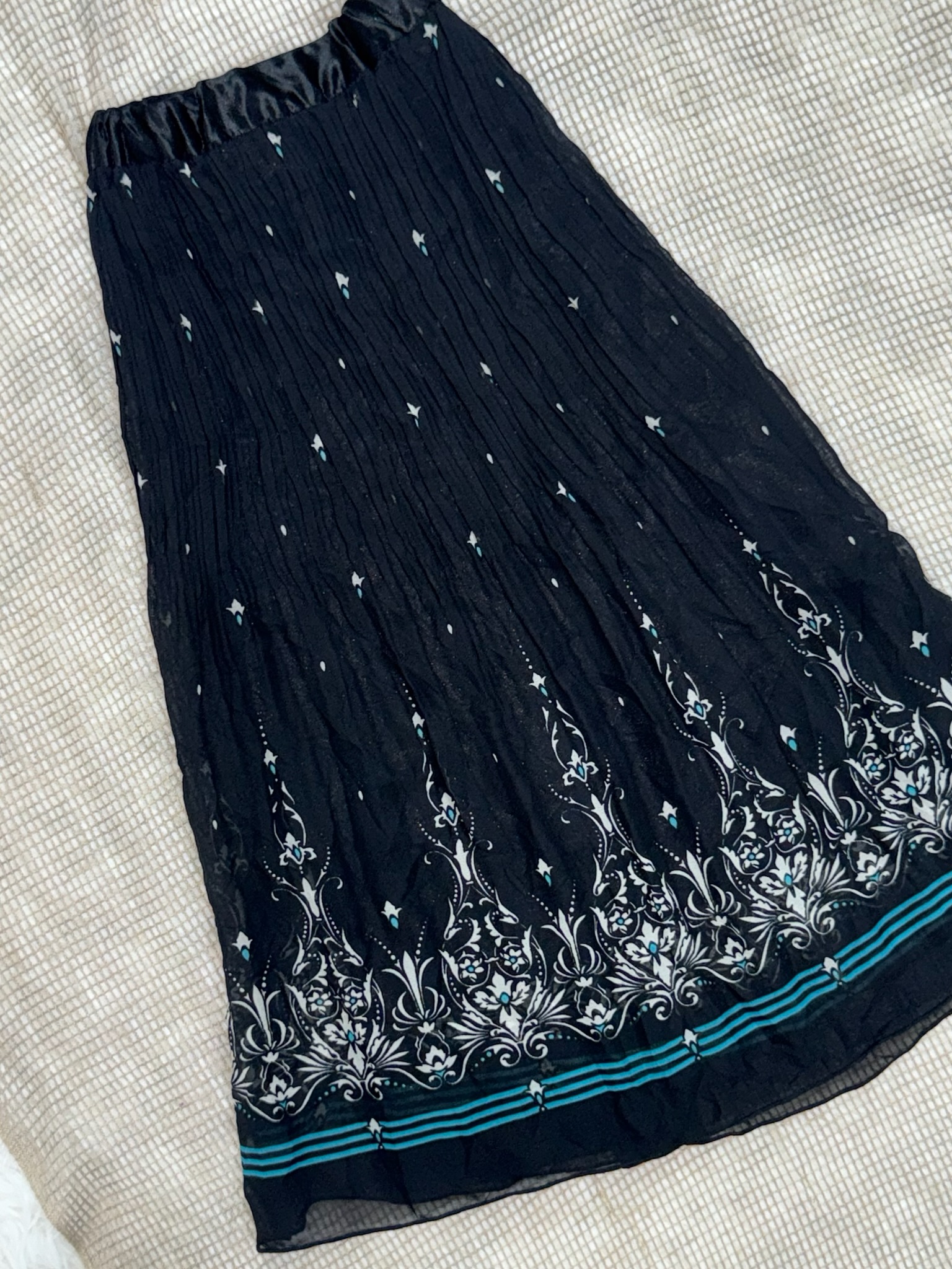 Black Pleated Skirt with Teal Baroque Floral Border Print