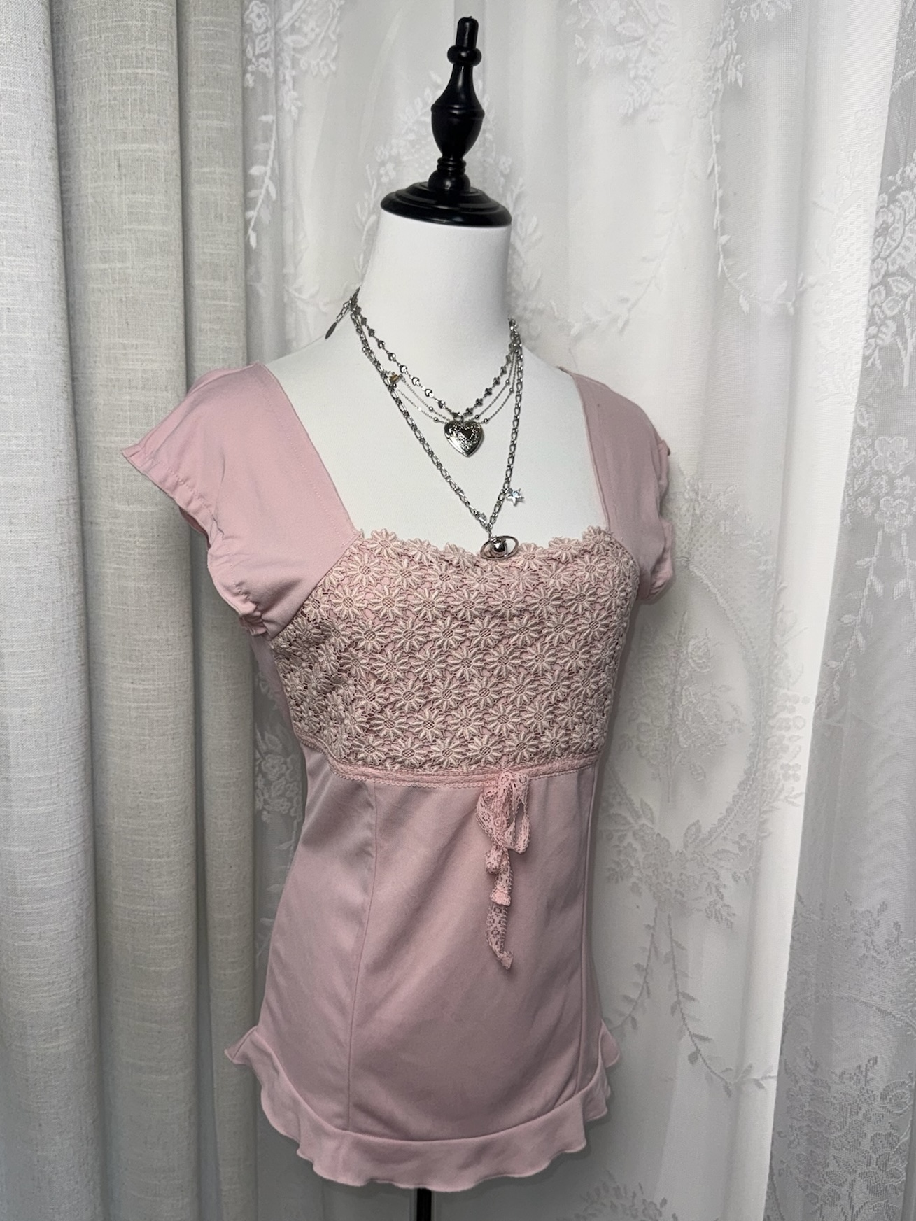 Pink Lace Bustier Cap Sleeve Tee