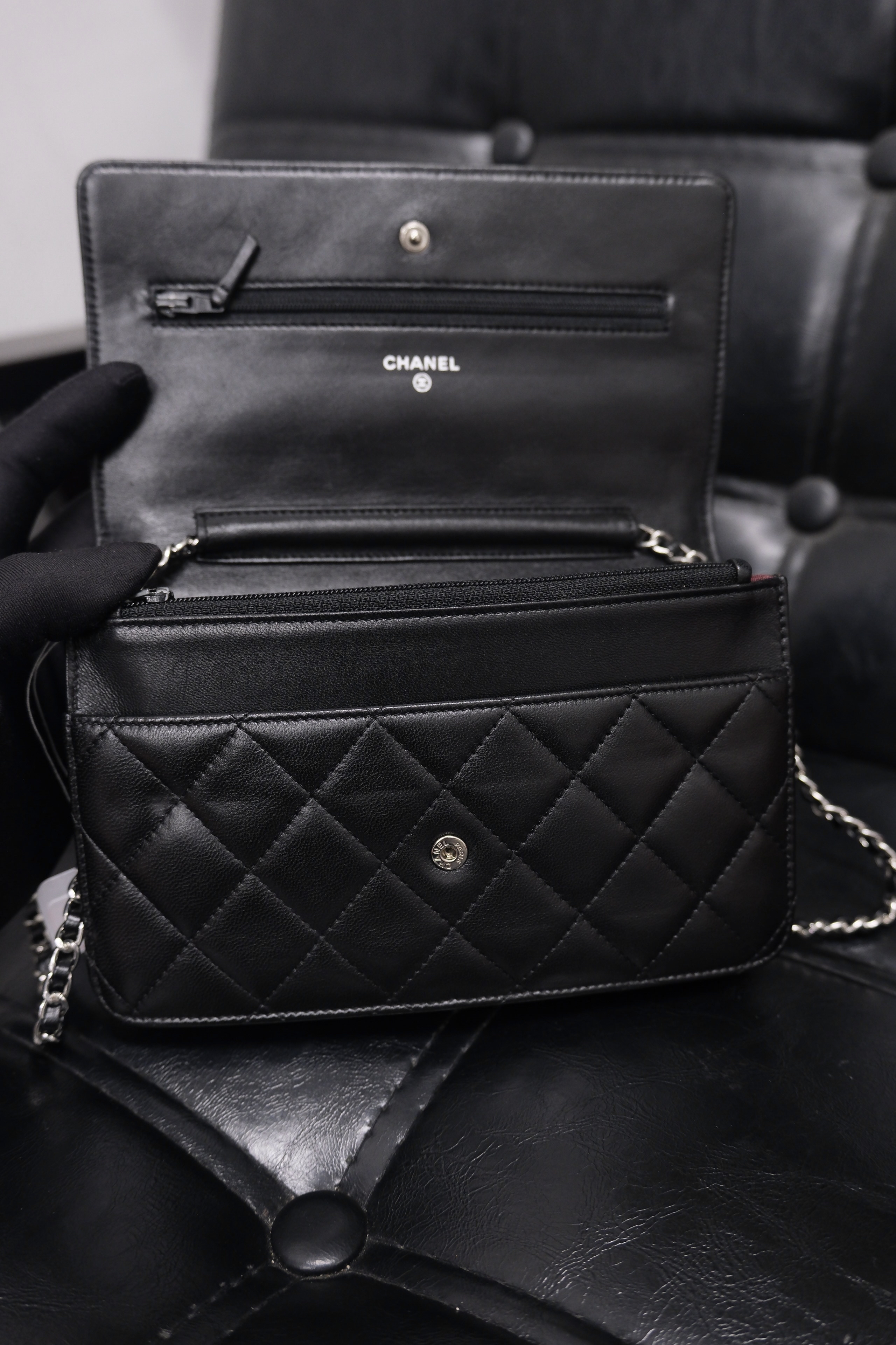 Chanel Lambskin Chain Wallet Black Silver 