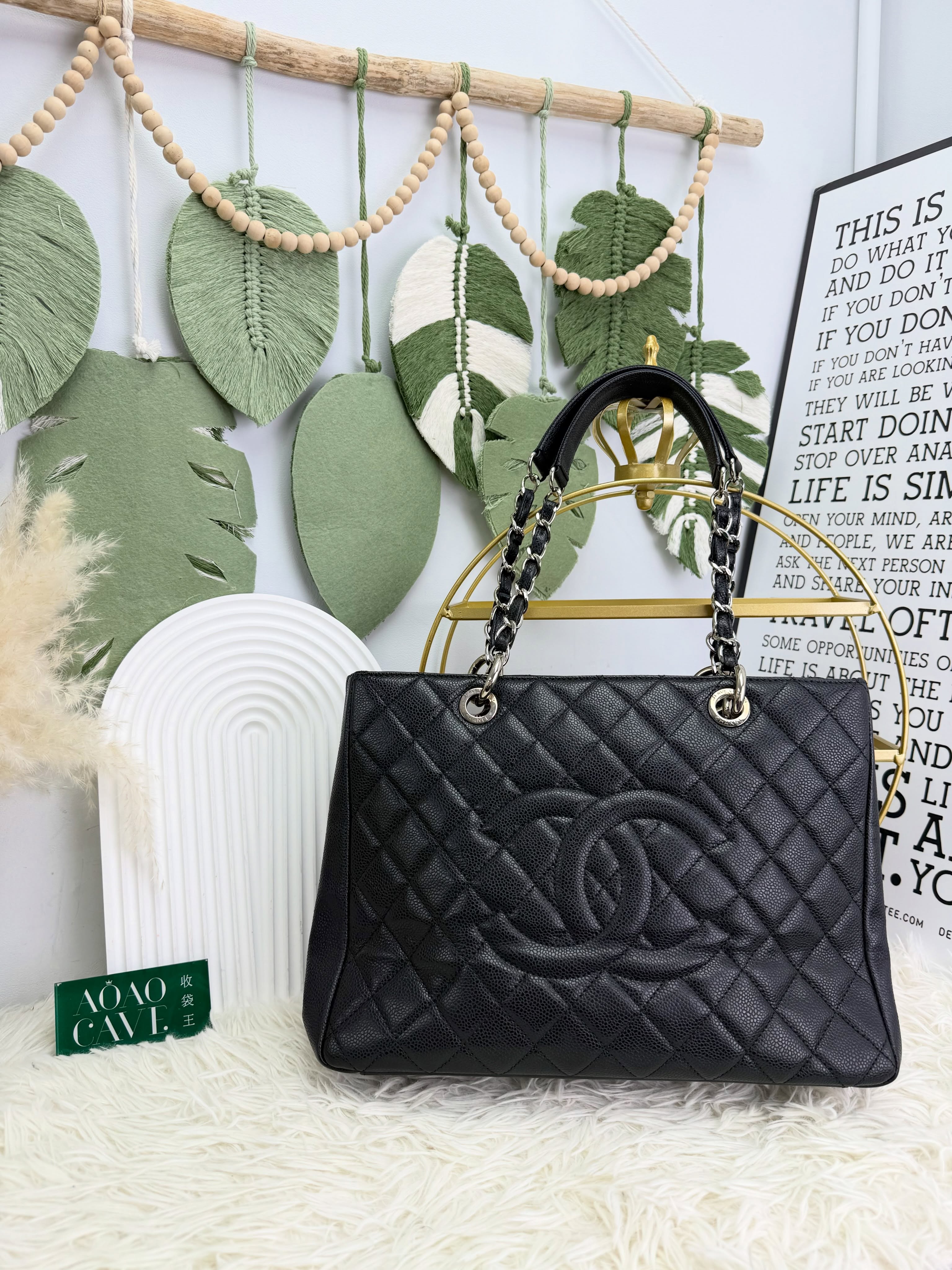 Chanel👜 PRE OWNED 🛍️Grand Shopping Tote 黑銀荔枝牛皮🖤  