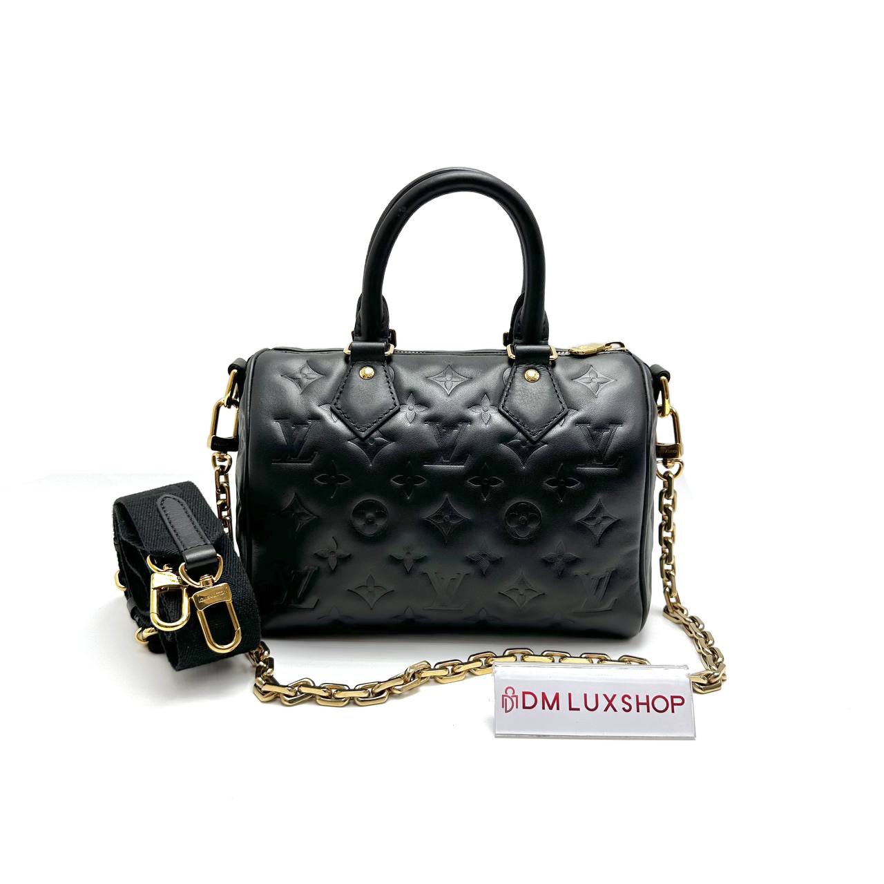 LV Black Embossed Monogram Speedy 22 GHW