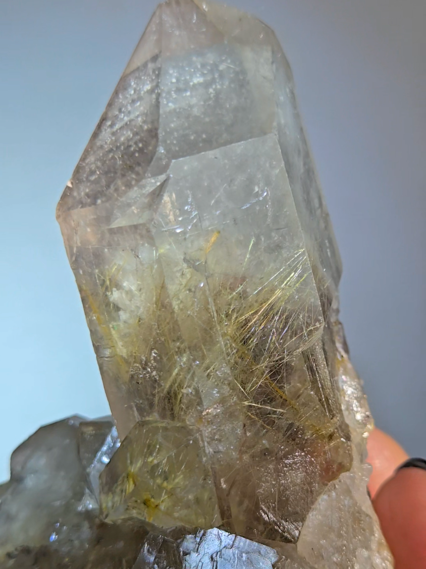 Golden starburst rutiles on black hematite in quartz - RT1429