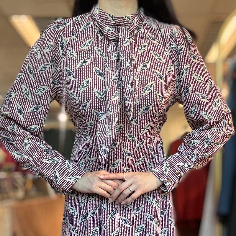 Vintage 1990-2000 Patterned Tie-Collar Ankle Length Day Dress(PP001-17)