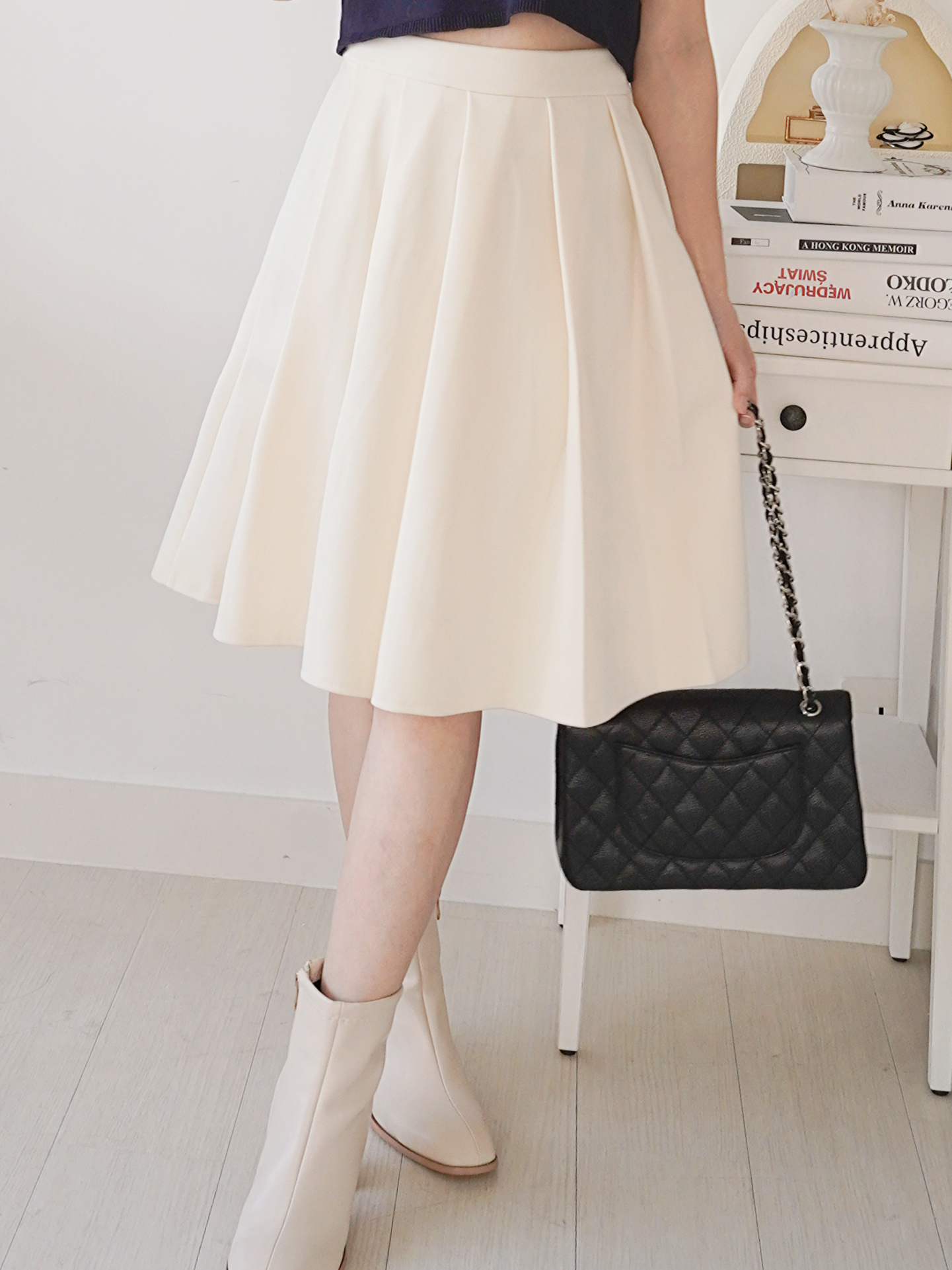 推薦！滑絨百褶及膝裙(KR)3色200360