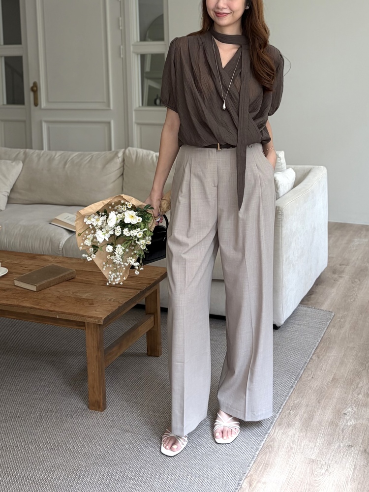 Louise Wrap Blouse with Tie (Brown)
