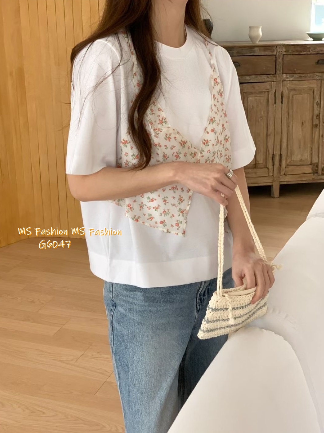 G6047 韓國🇰🇷假兩件拼碎花布top