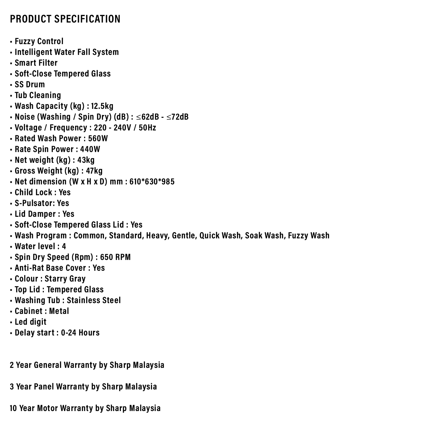 Sharp 12.5kg Top Load Washing Machine (ESX1221)