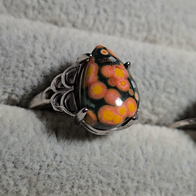 Old stock ocean jasper ring with pink-ringed yellow orbs (A) - JW33