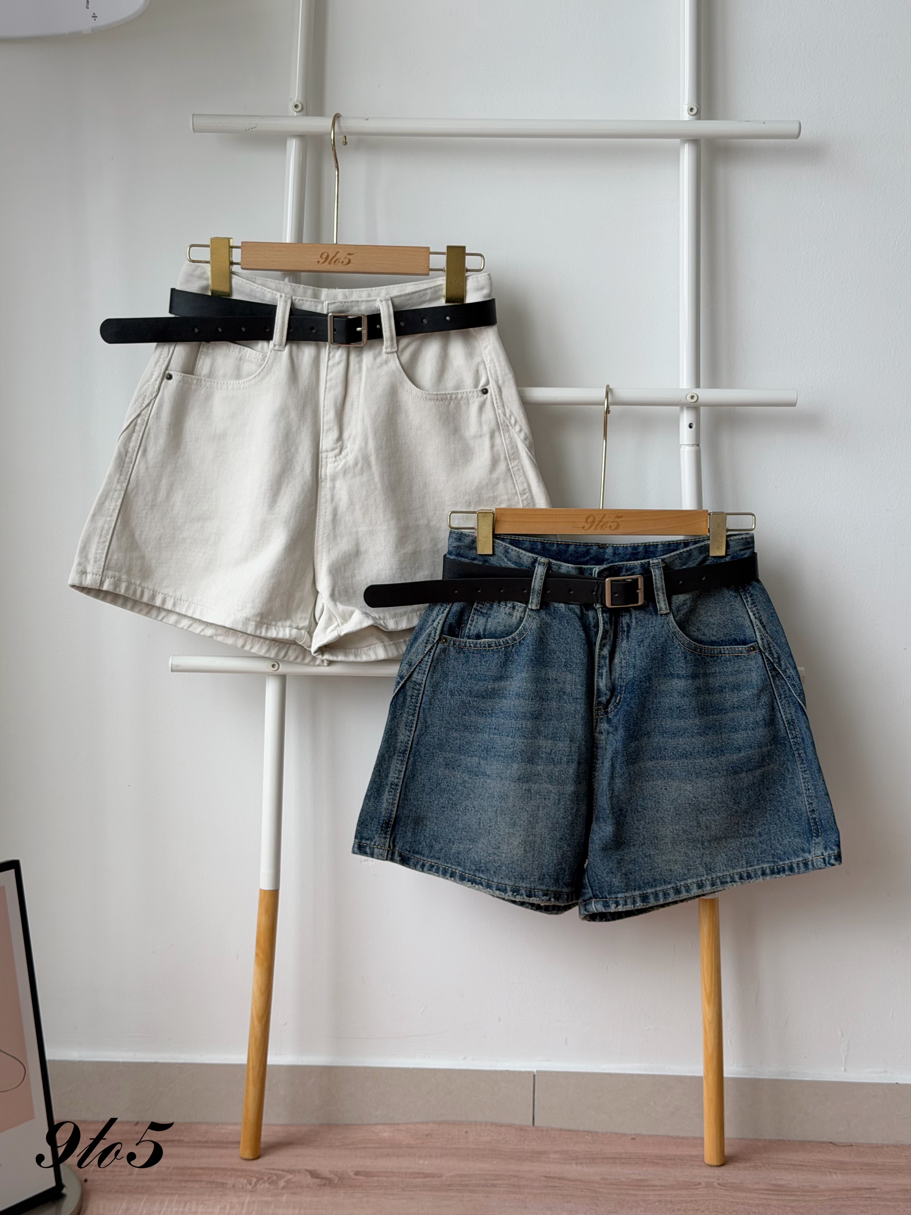 S2017 A Line Denim Short Pants - Beige & Blue