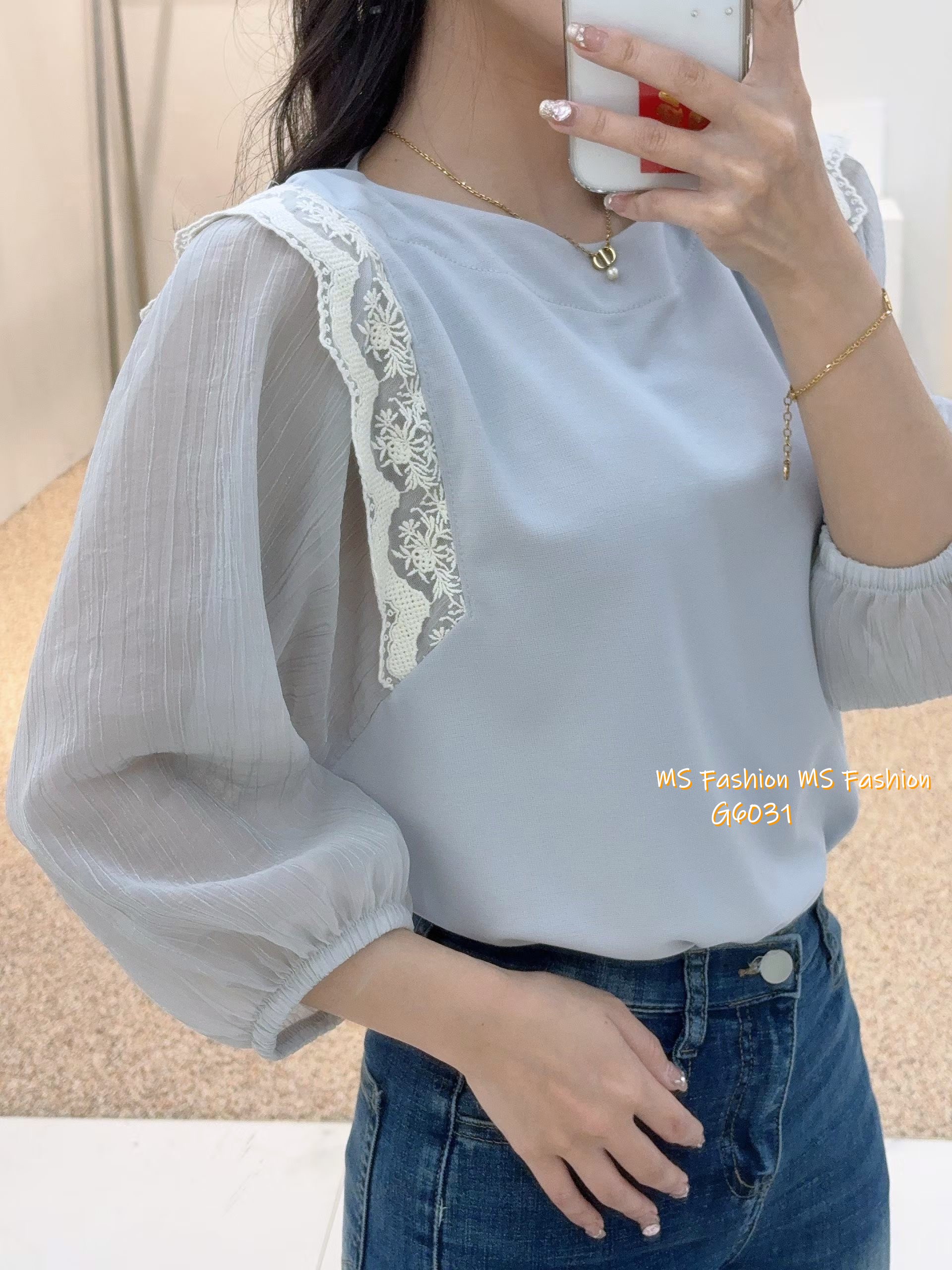 G6031 韓國🇰🇷肩lace拼布top