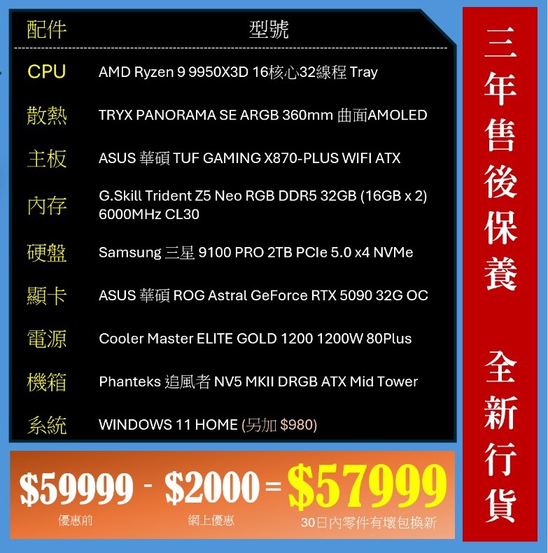 9950X3D 32GB 2T RTX5090 Gaming PC 砌機組合