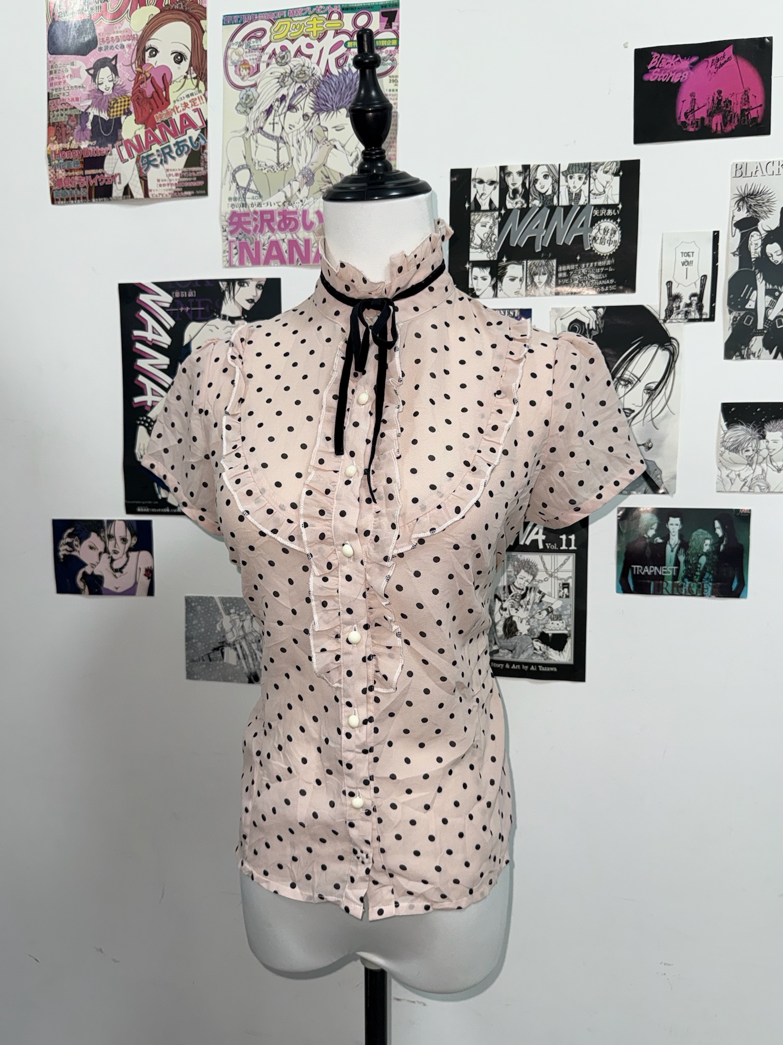 Pink Polka Dot Ruffle High Neck Blouse