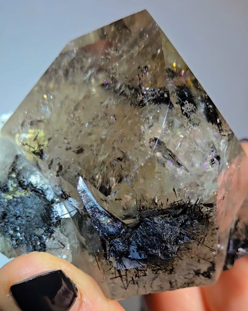 Black tourmaline inclusion smoky quartz with rainbows - RT1457