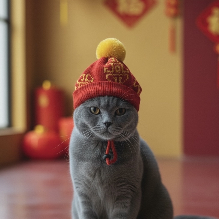 C909R 賀年冷帽 - 紅色配黃毛球 New Year cold hat - red with yellow fur ball