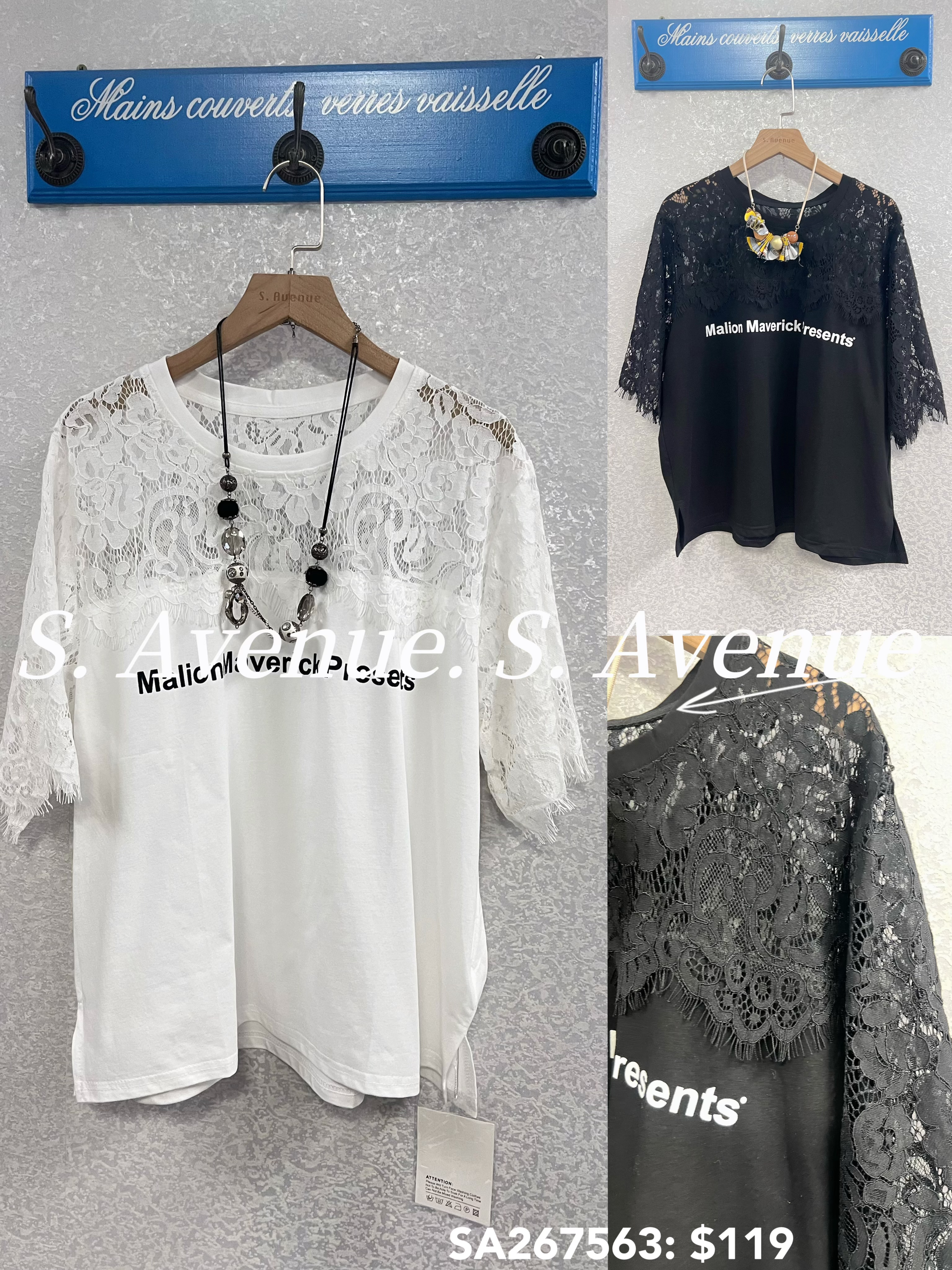 SA267563: 短袖lace袖拼英文字tee