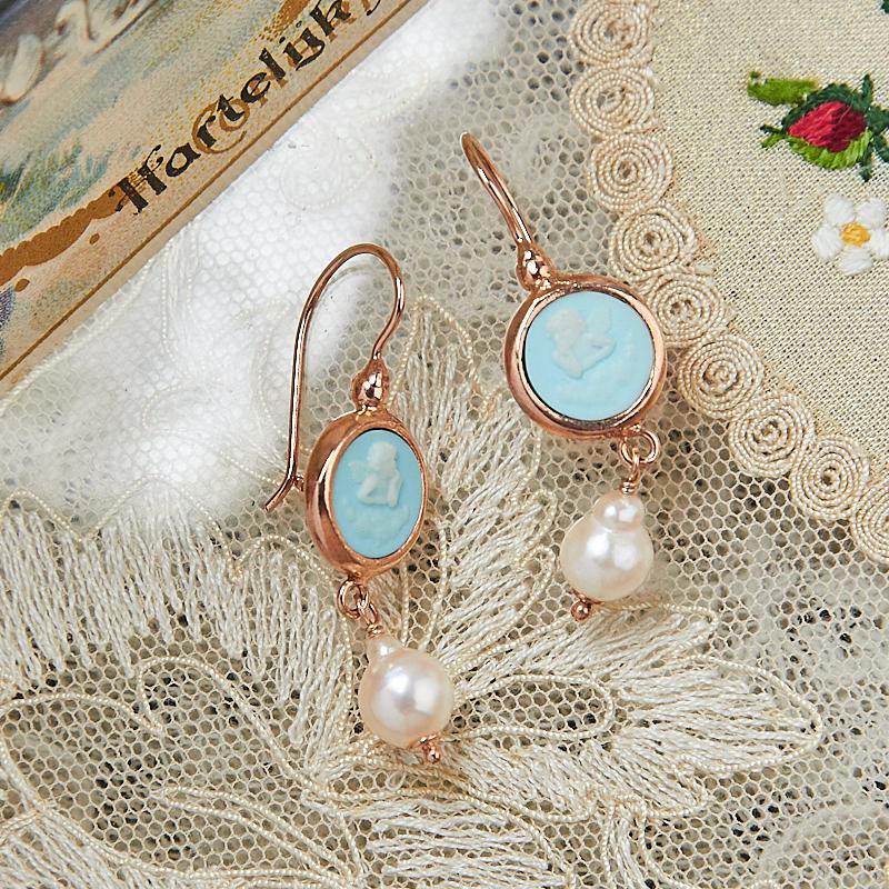 Italian Handcrafted Turquoise Paste Cherub Cameo Dangle Pearl Earrings(NHMA18)