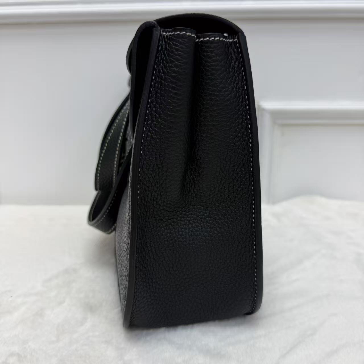 Hermes/愛馬仕 halzan31 哈喇子斜挎包 黑銀 走白線 Togo皮 手提單肩包