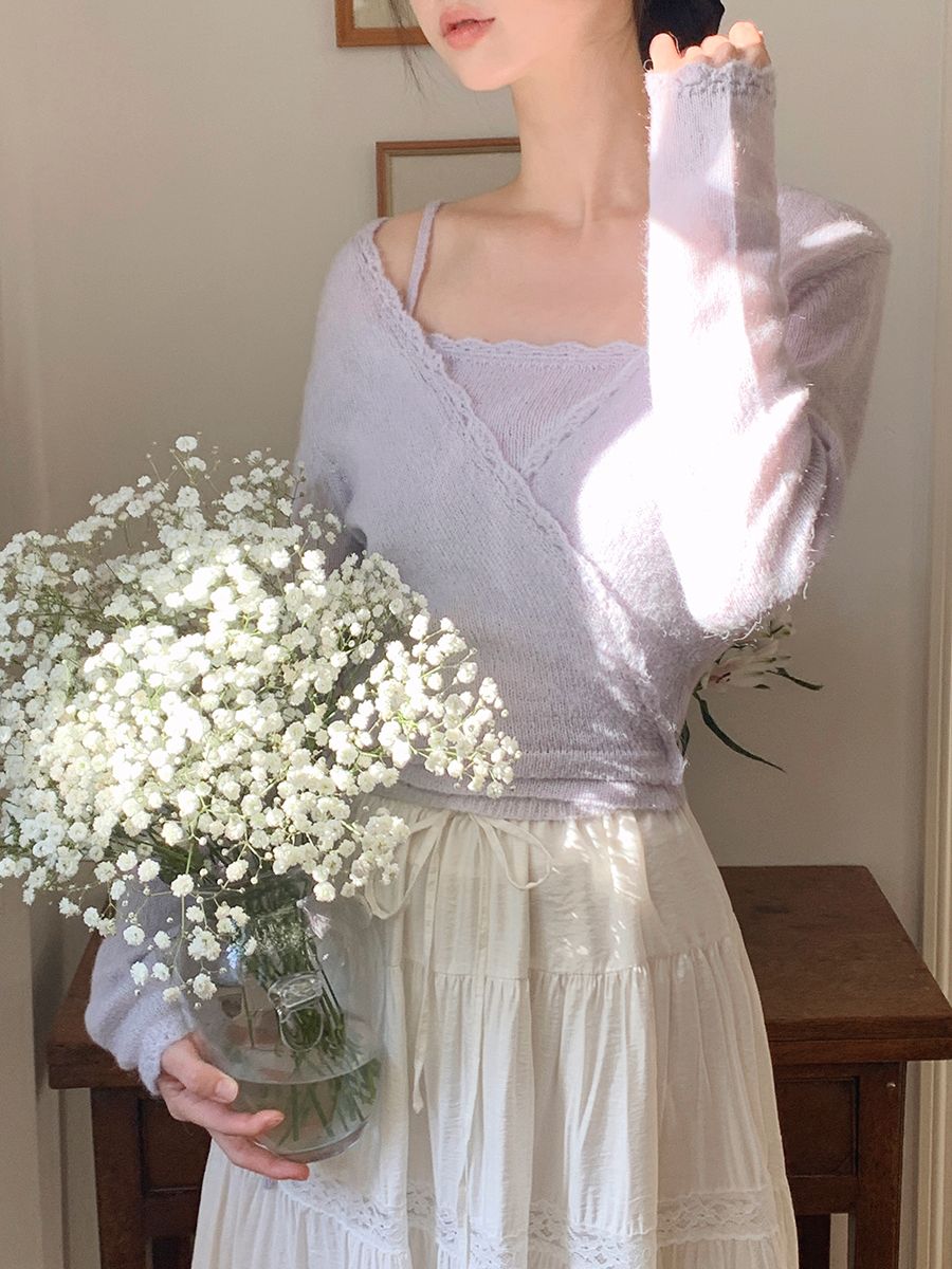 【20%羊毛】針織吊帶綁腰套裝 紫色