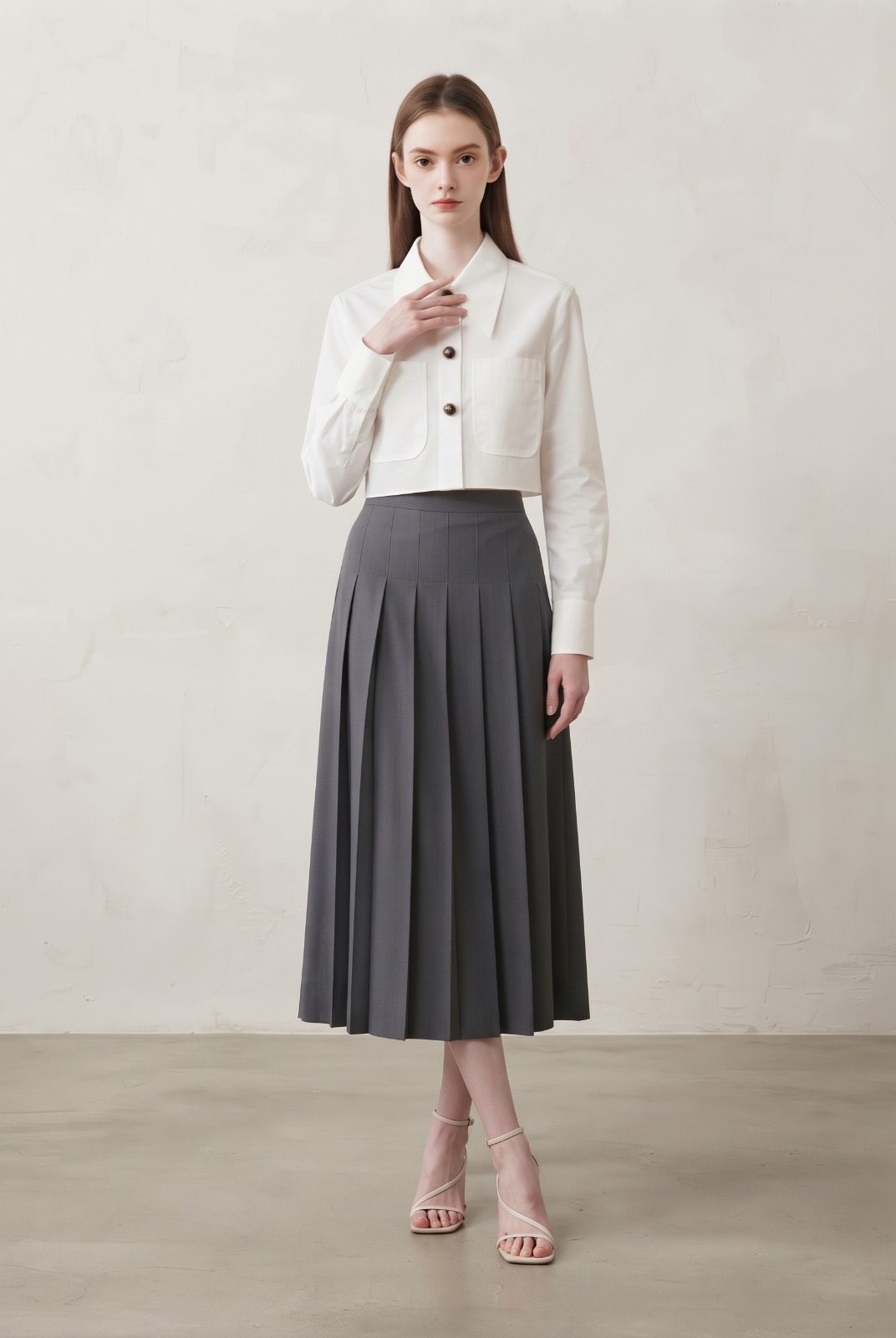 2162BS High Waisted Knife Pleated Midi Skirt