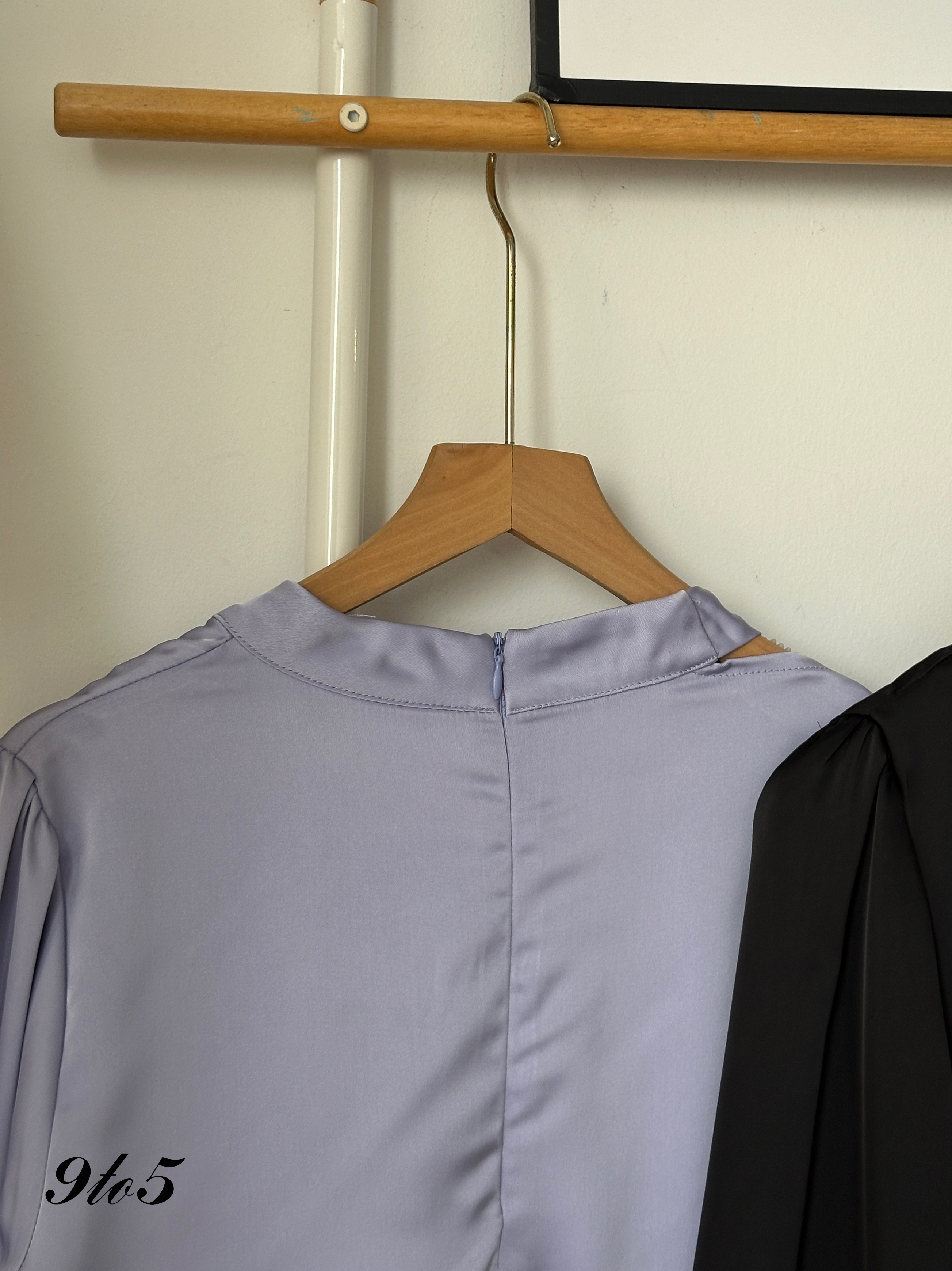 T4030 Tie Neck Satin Blouse - Purple & Black