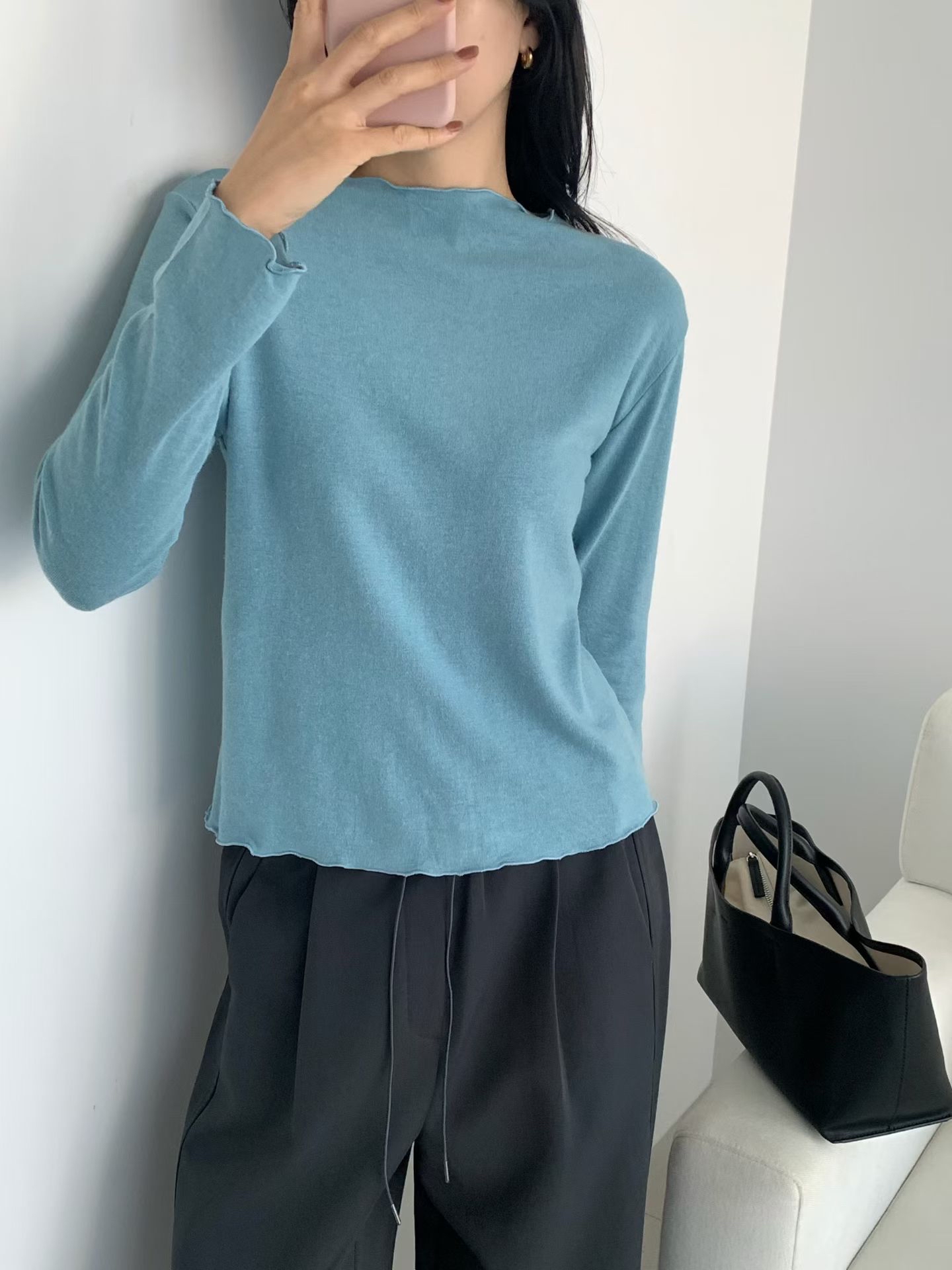 Button up rabbit hair wool basic tee 