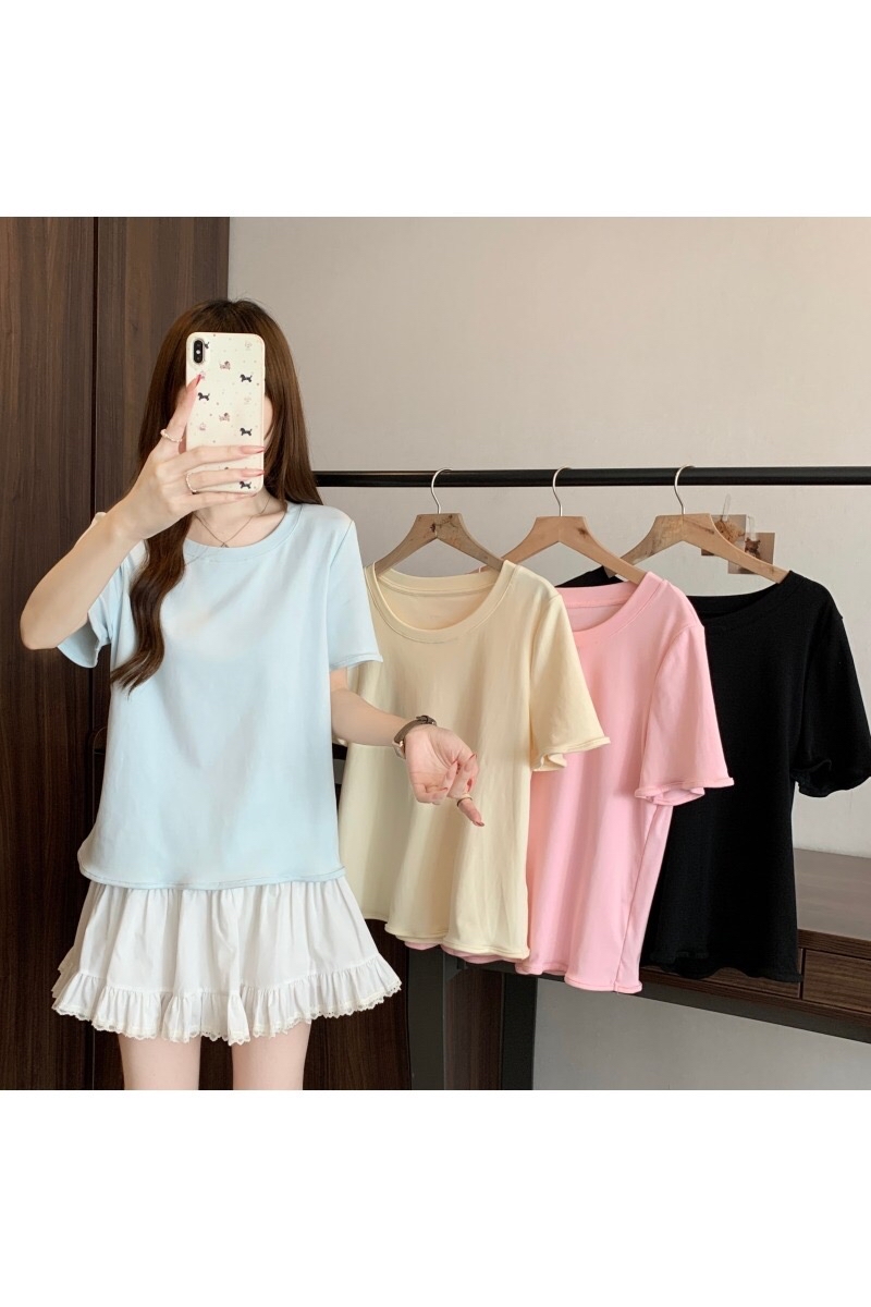 B230(81018) 韩版INS风圆领木耳边短袖与下摆4色上衣