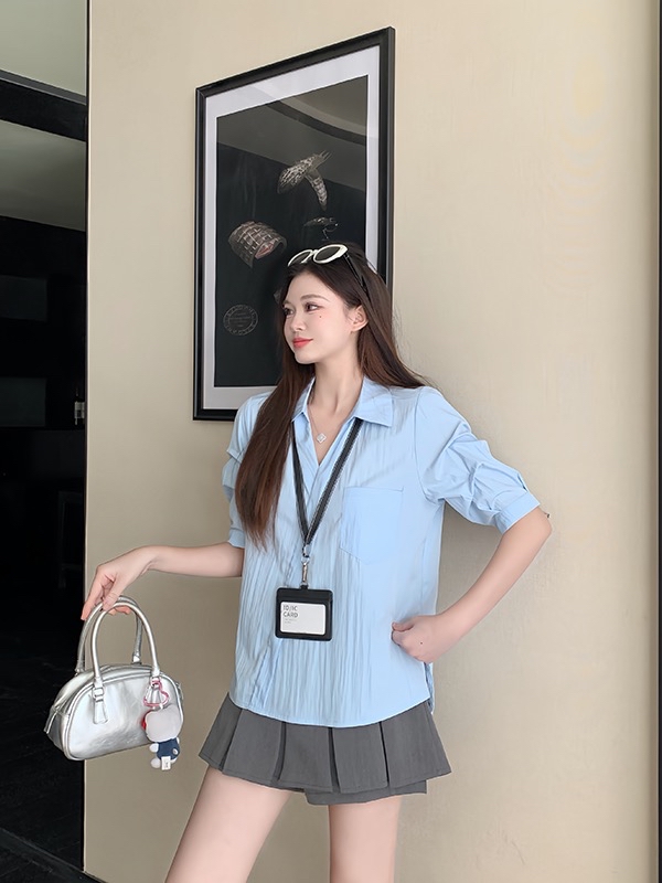 B148(3919) 韩系气质交叉翻领单口袋蓝白衬衫上衣 
