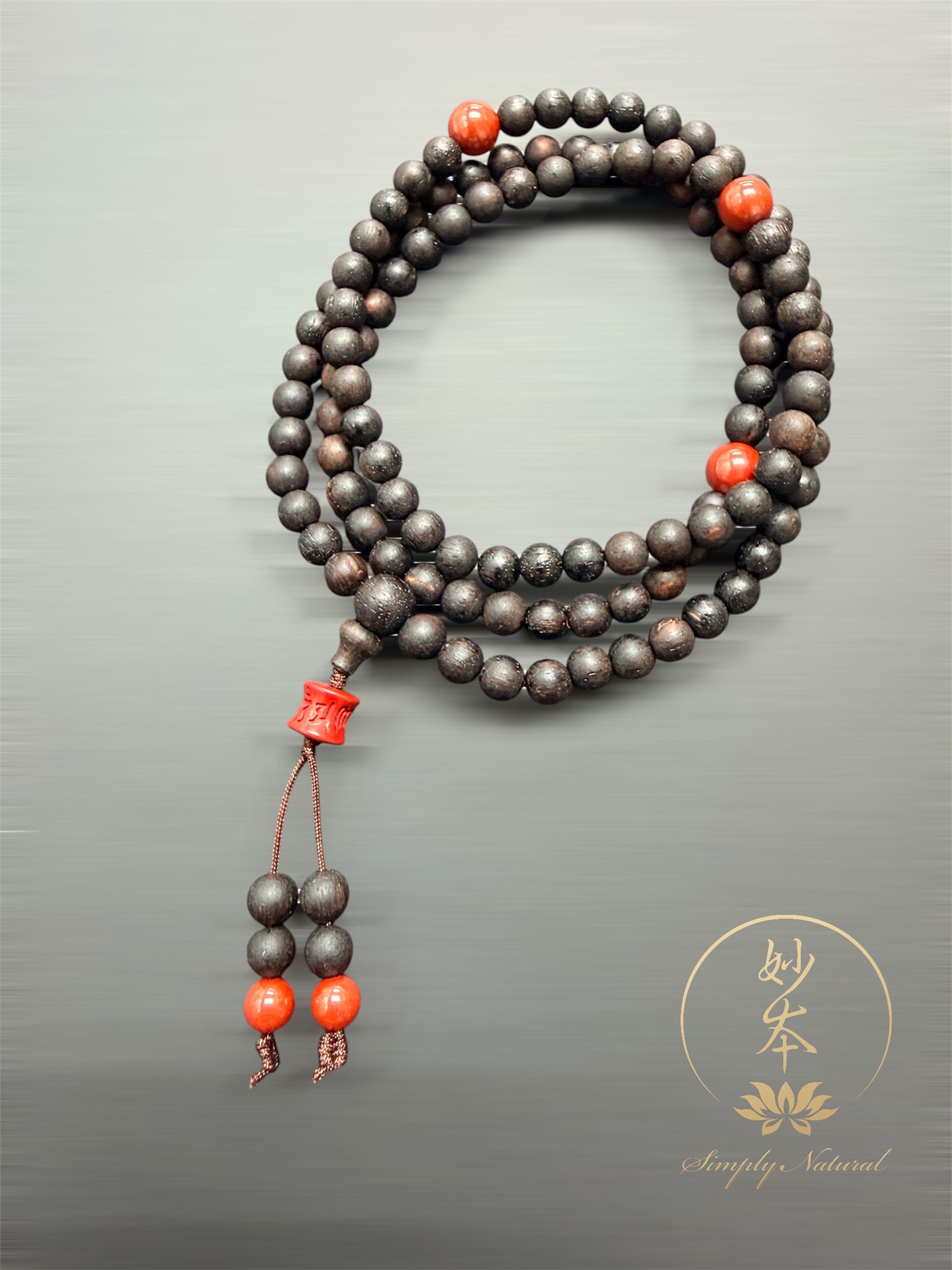 6mm 108粒降真香念珠 配：硃砂六字大明咒