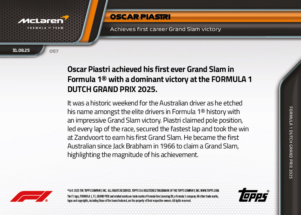 Oscar Piastri - 2025 F1 Topps NOW® #57 Dutch GP 贏車卡｜PR 5,164