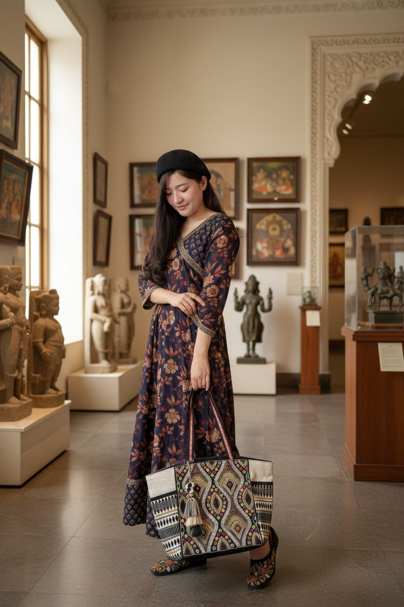 Dark Blue Overlap JP Collar Brown Floral OP 51"  #1377