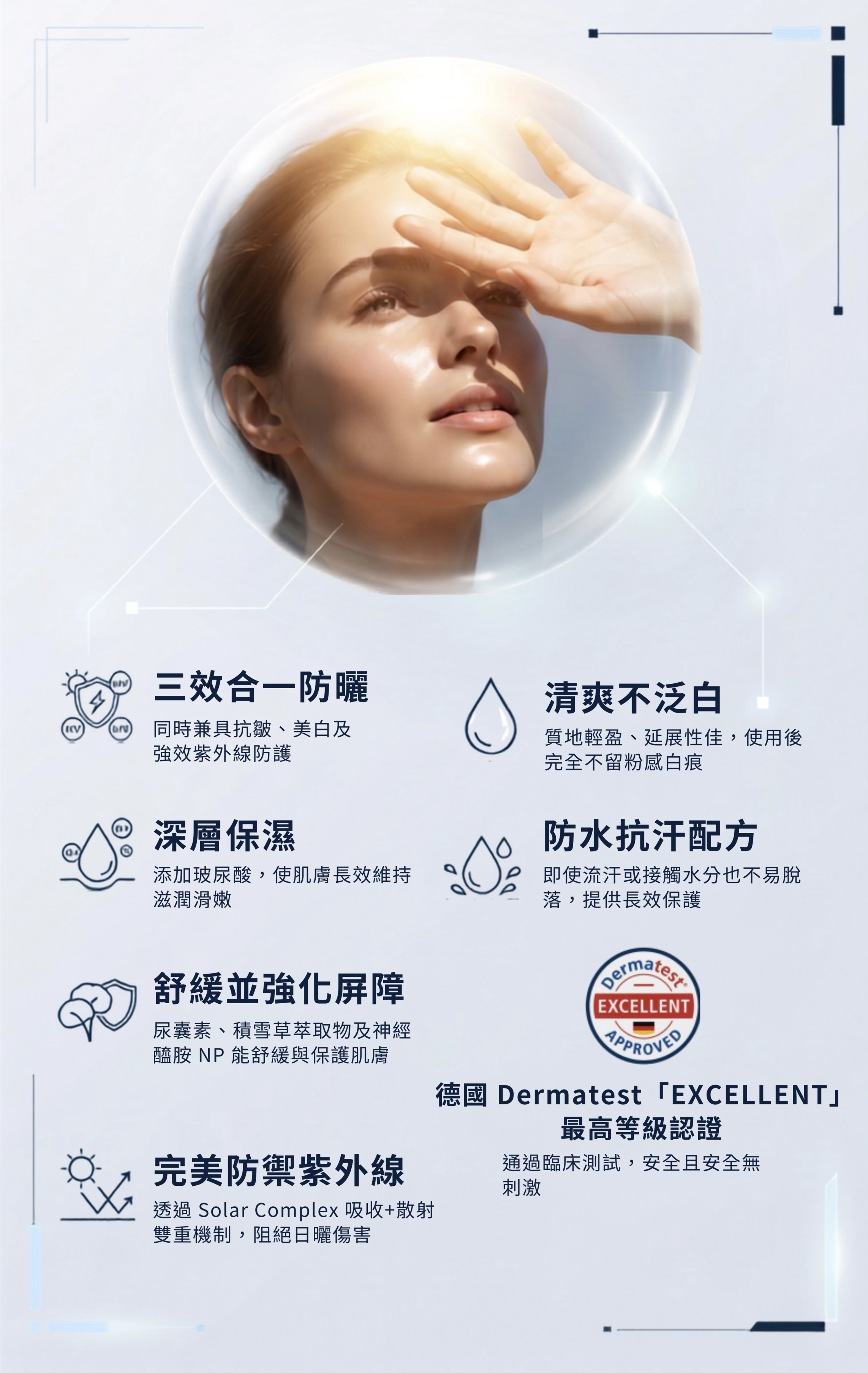 BONJONEE UV-LOCK 防曬乳核心特點解析：具備三效合一防護，兼具抗皺、美白與強效紫外線防禦。採用 Solar Complex 雙重吸收與散射機制完美防禦紫外線，質地清爽不泛白且具備防水抗汗配方。添加玻尿酸深層保濕，搭配尿囊素、積雪草萃取物及神經醯胺 NP 舒緩並強化肌膚屏障，並通過德國 Dermatest EXCELLENT 最高等級安全認證