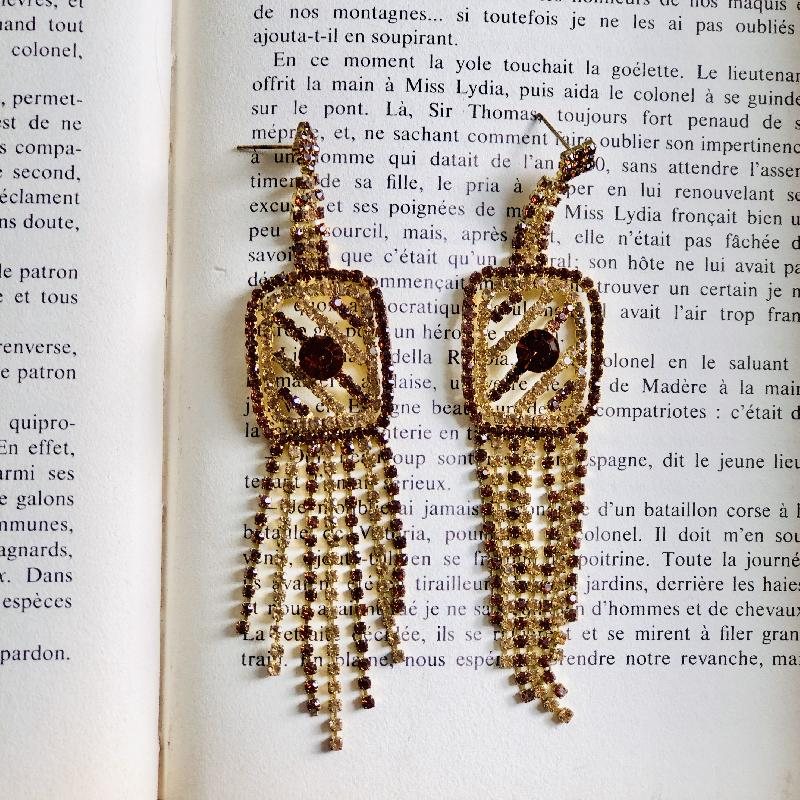 C.a. 1980s Amber Brown and Yellow Rhinestone Flapper Cocktail Tassel Pierce Earrings(MT1802)
