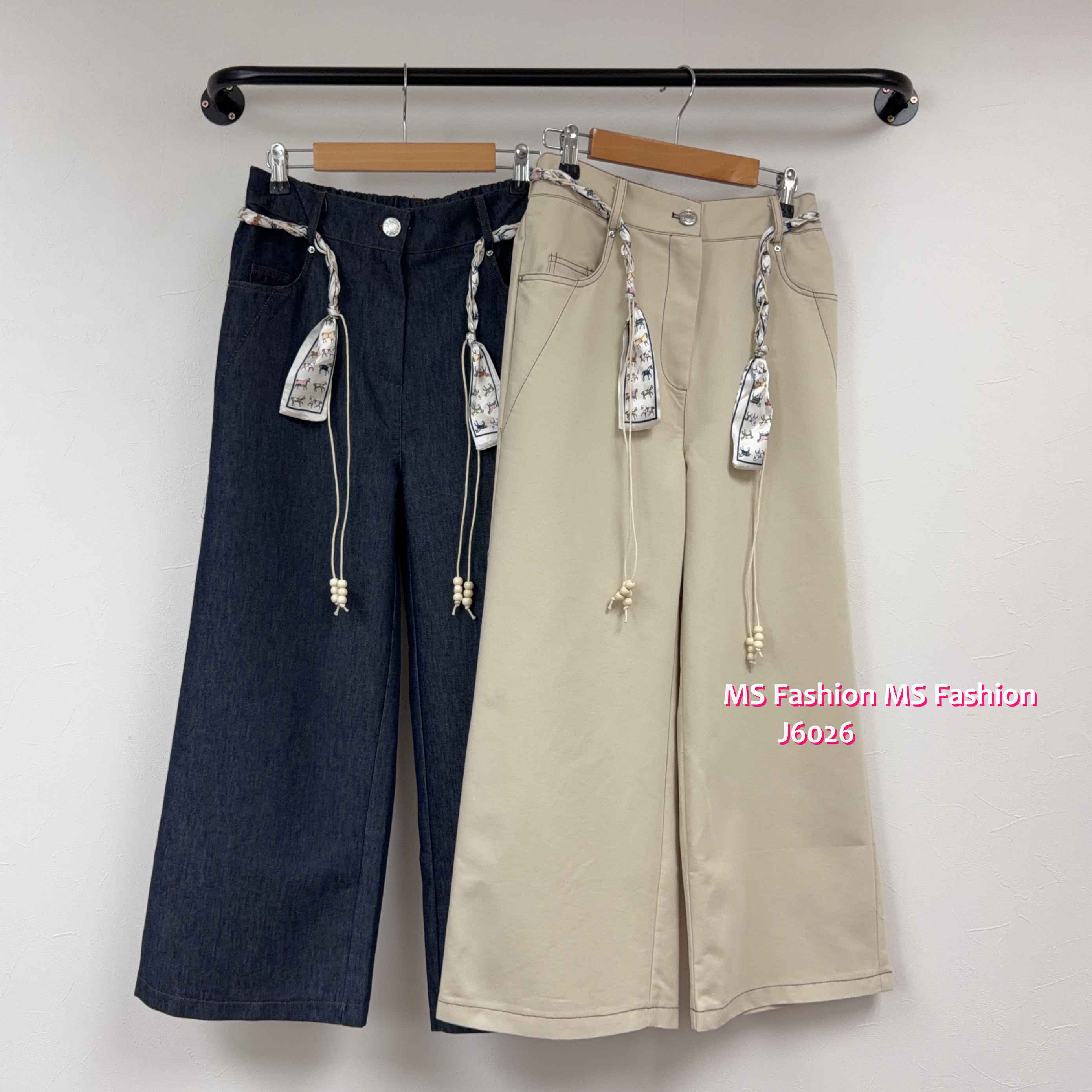 J6026 韓國🇰🇷花布腰帶闊筒褲
