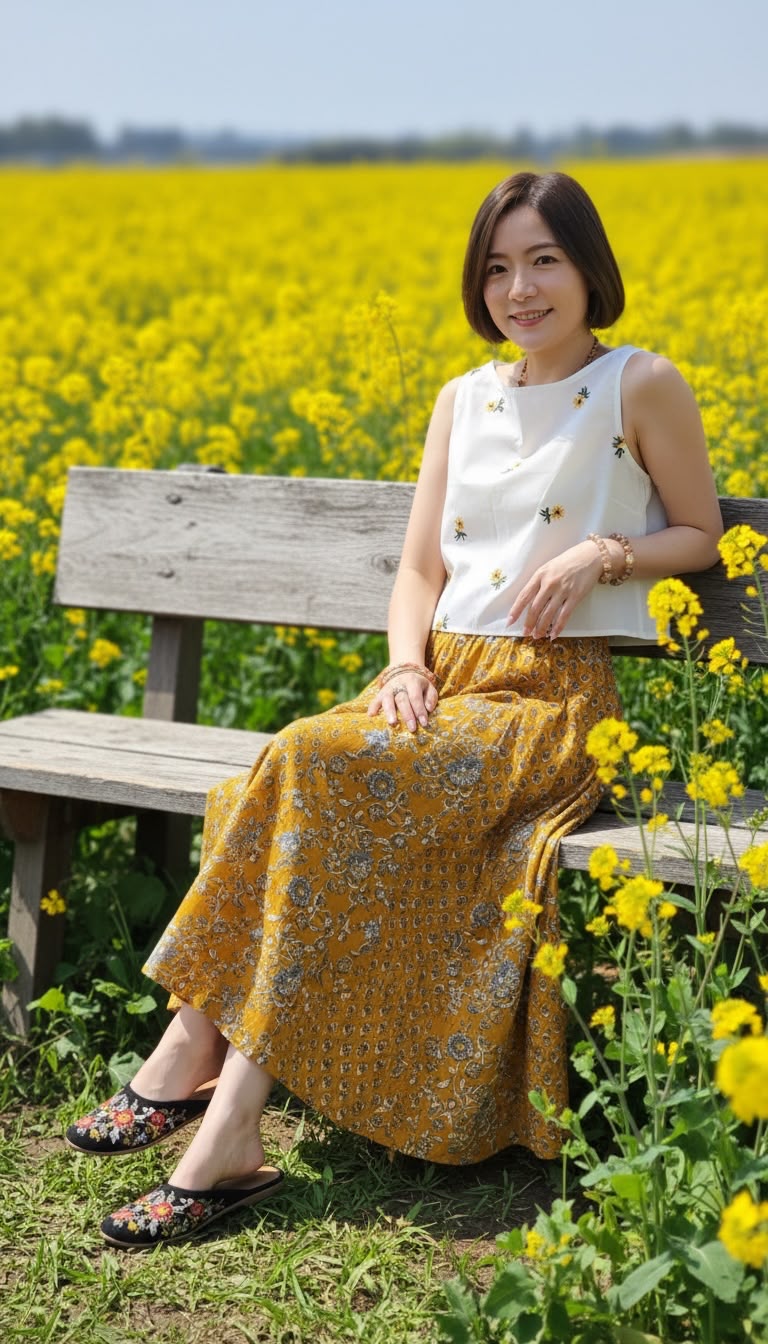 2592 Mustard Patchwork BlockPrint Skirt 39"